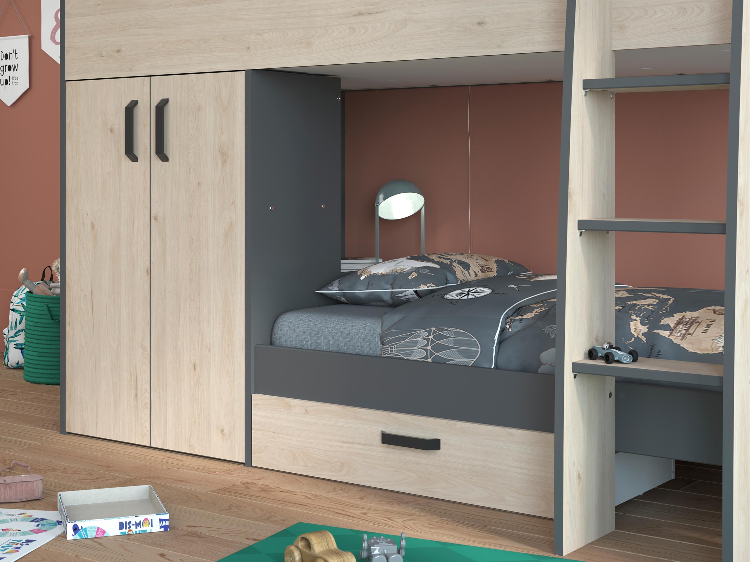 Desert Sand Køyeseng med Garderobe 90x200 - Natur/Grå