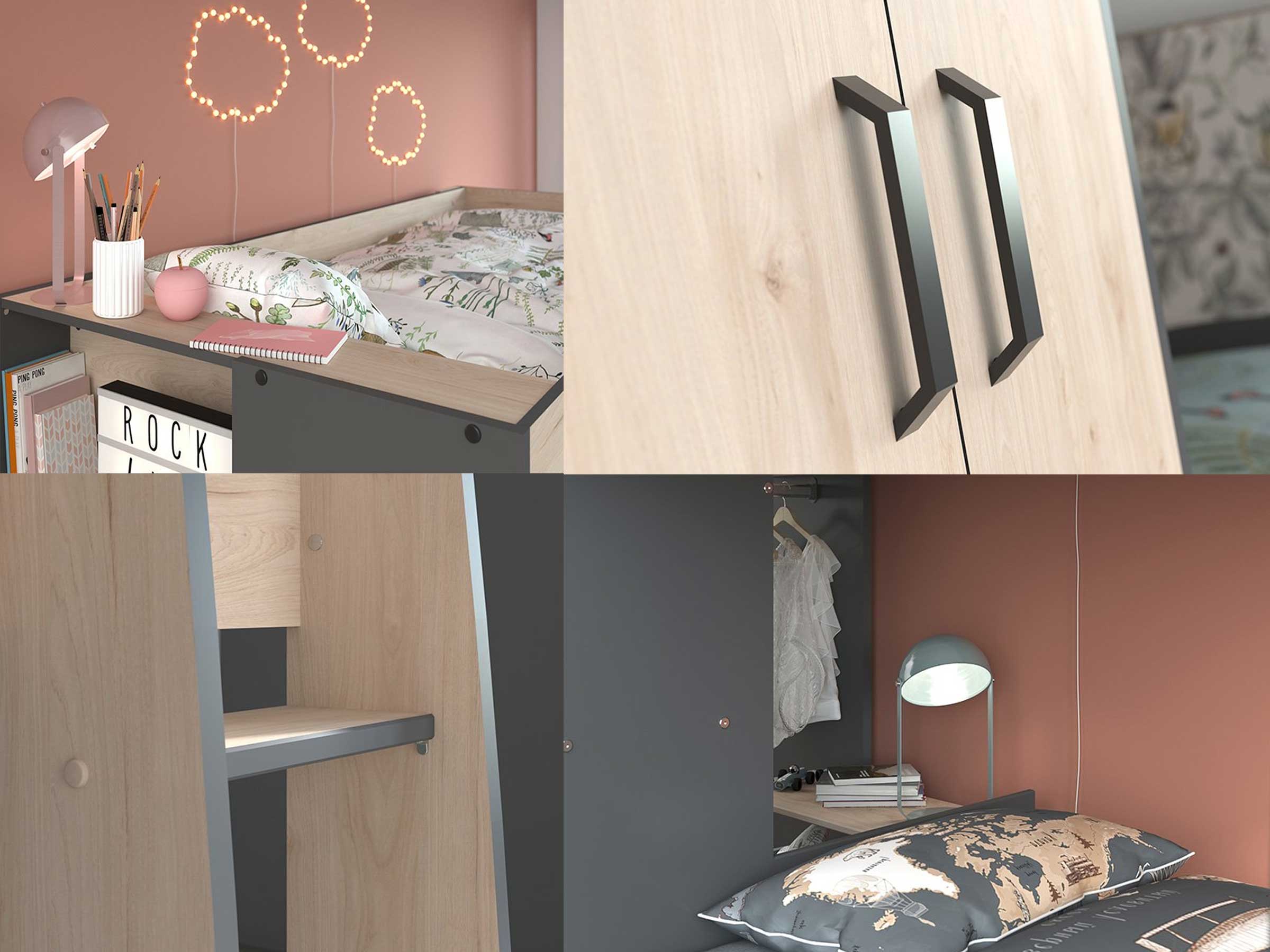 Desert Sand Køyeseng med Garderobe 90x200 - Natur/Grå