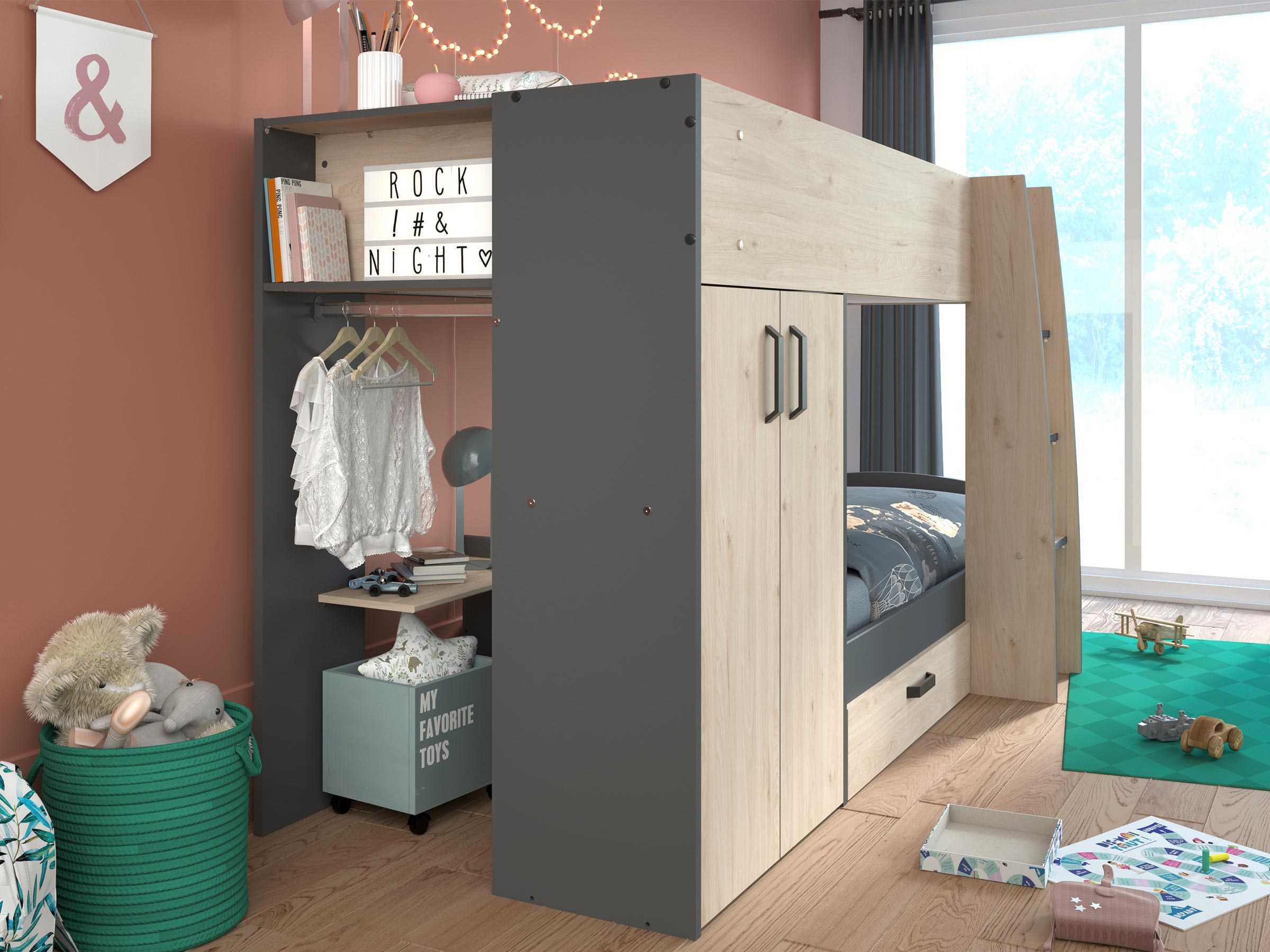 Desert Sand Køyeseng med Garderobe 90x200 - Natur/Grå