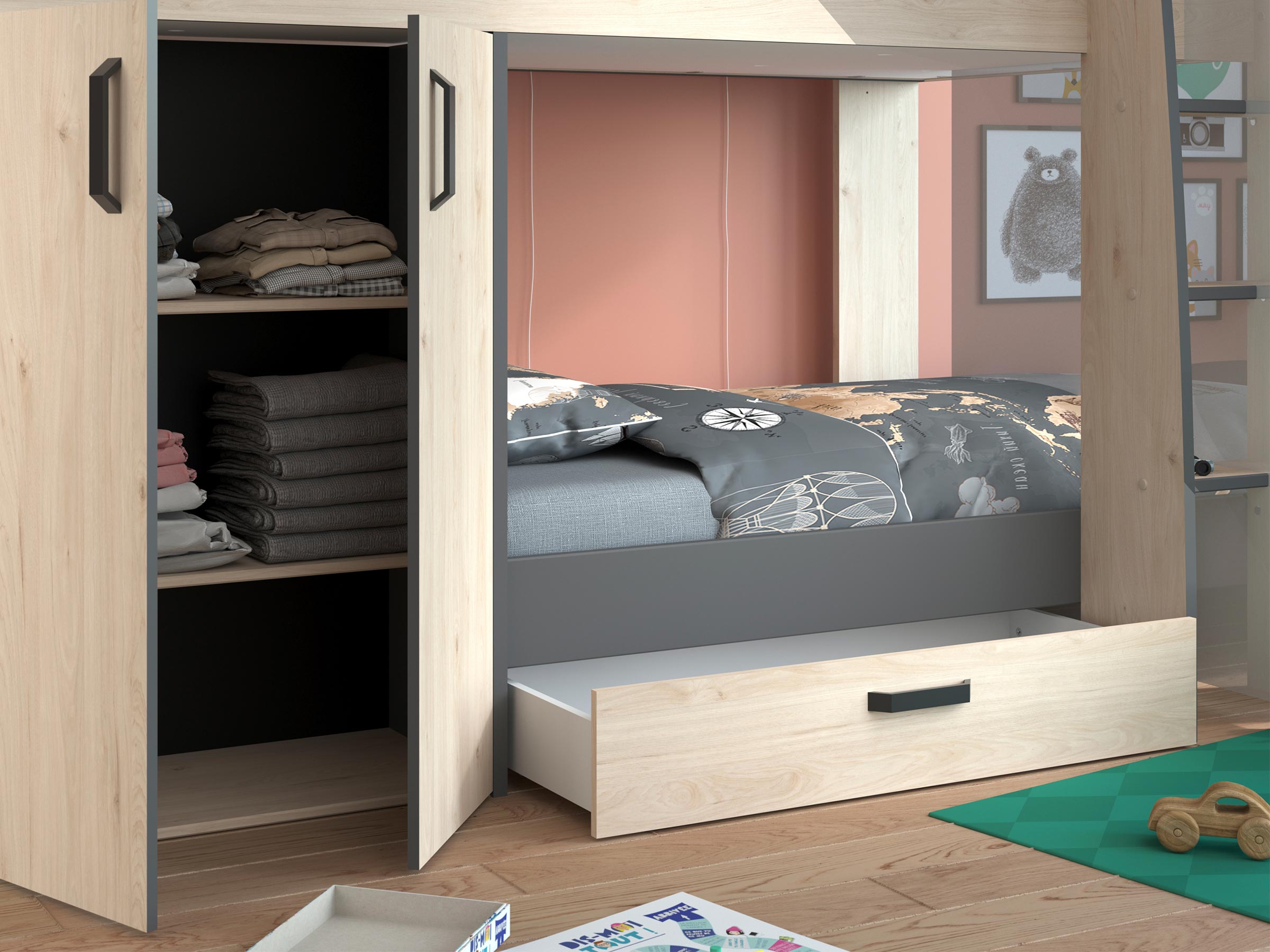 Desert Sand Køyeseng med Garderobe 90x200 - Natur/Grå