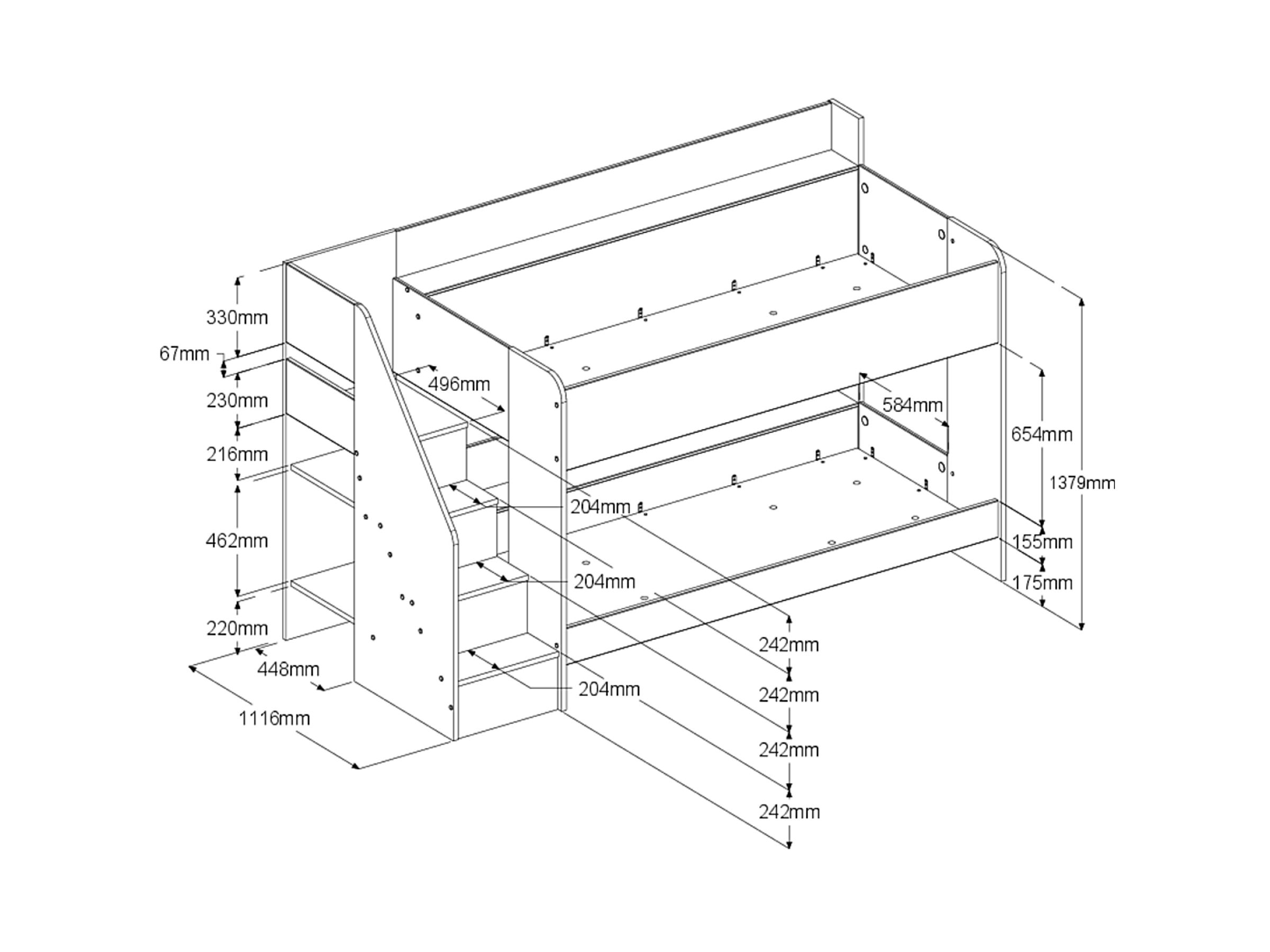 Bibop 2 Køyeseng med Uttrekkbar Gjesteseng 90x200 - Hvit/Eik