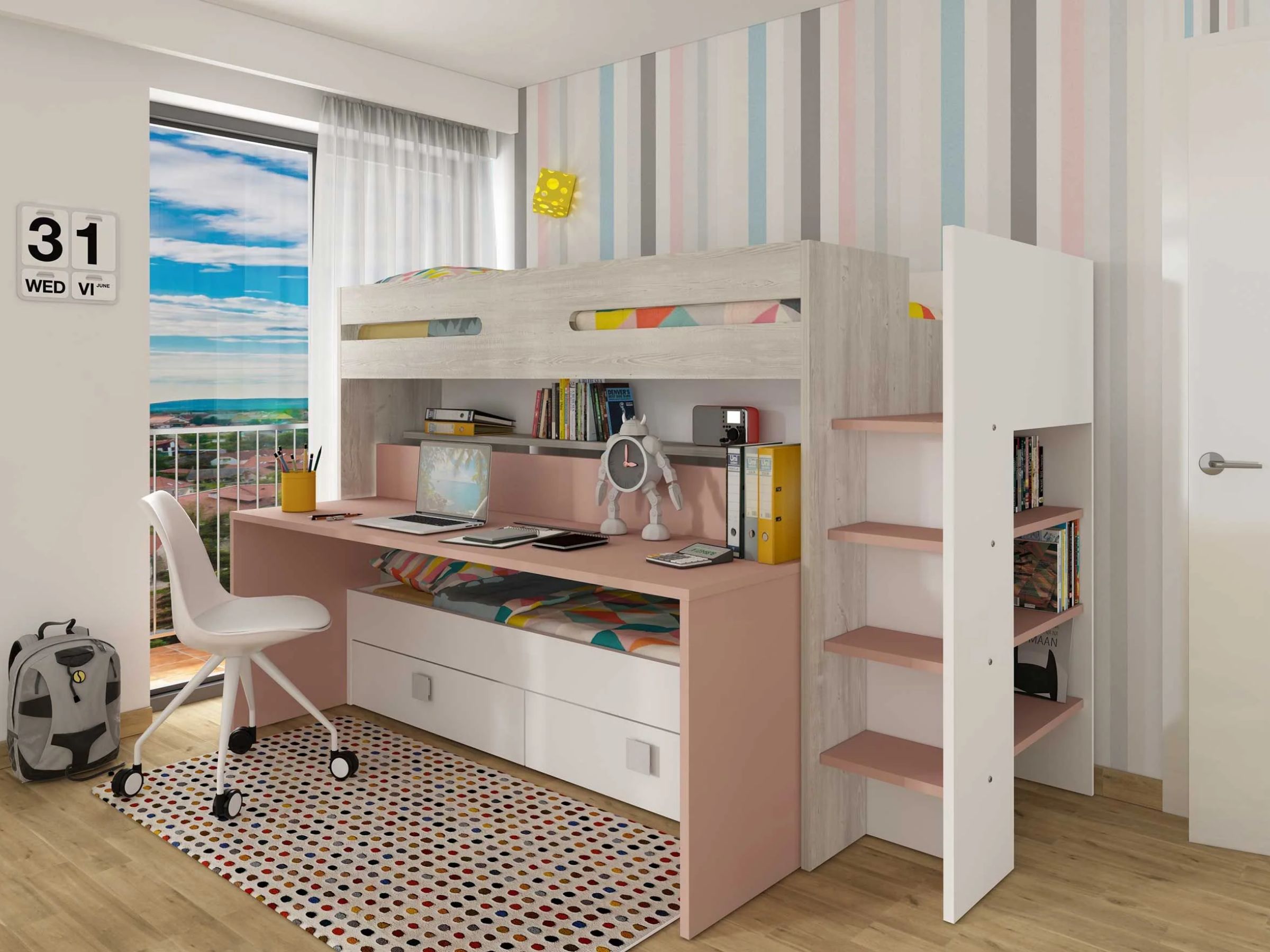 Multifunksjonell Køyeseng med Skrivebord og Skuff 90x200 - Rosa/Hvit/Natur