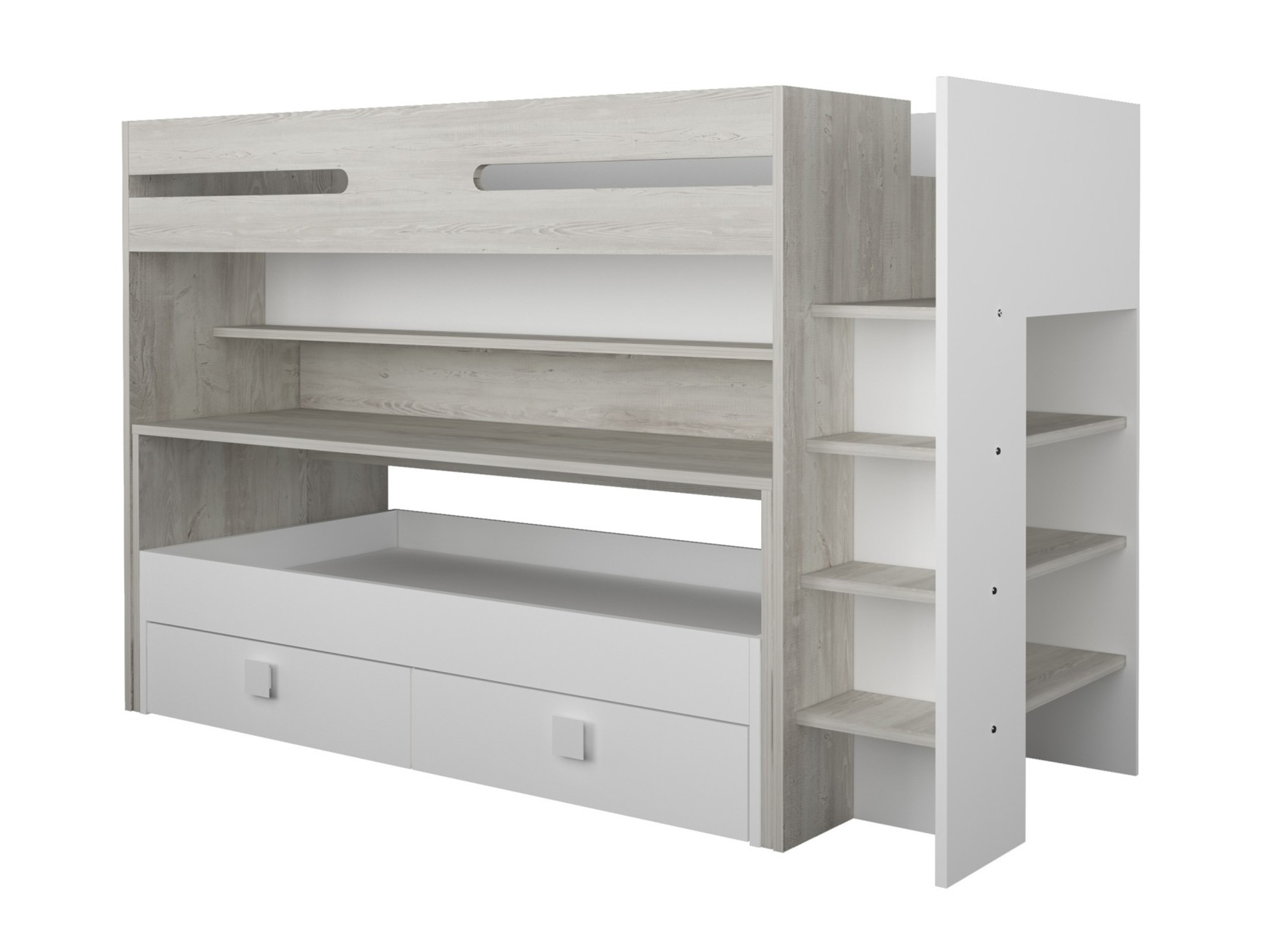Multifunksjonell Køyeseng med Skrivebord og Skuff 90x200 - Hvit/Natur