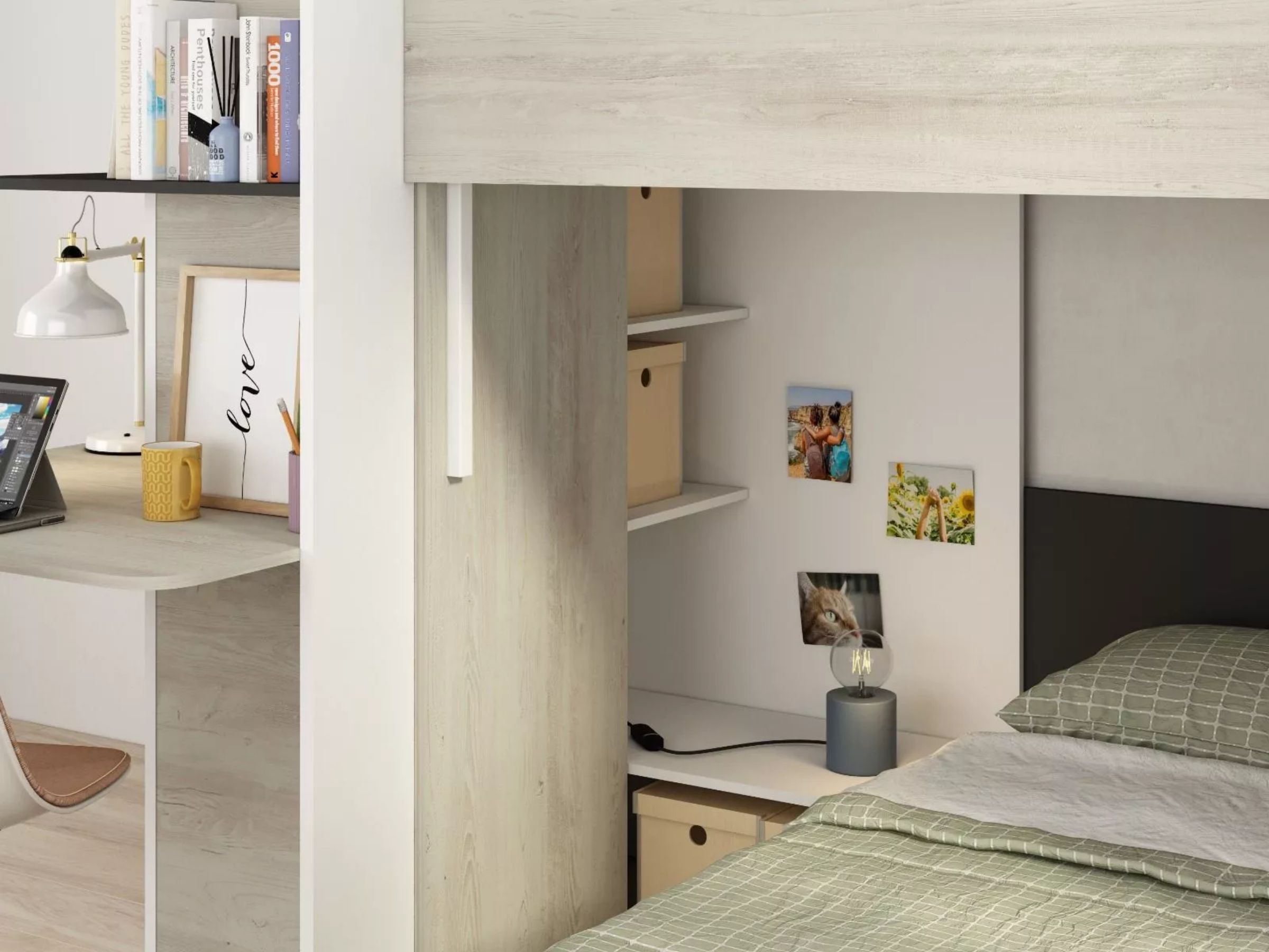 Palatino Køyeseng med Skrivebord og Oppbevaring 90x190 - Sort/Natur