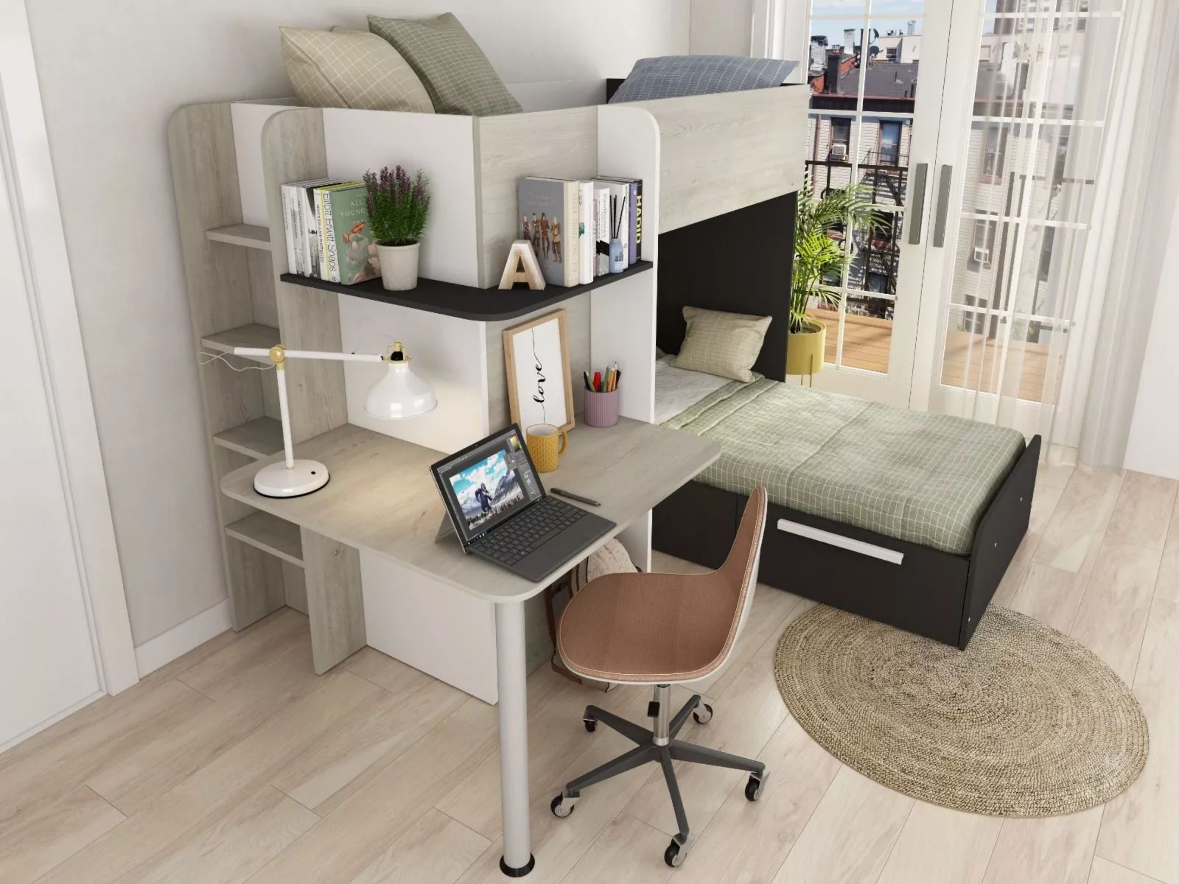 Palatino Køyeseng med Skrivebord og Oppbevaring 90x190 - Sort/Natur