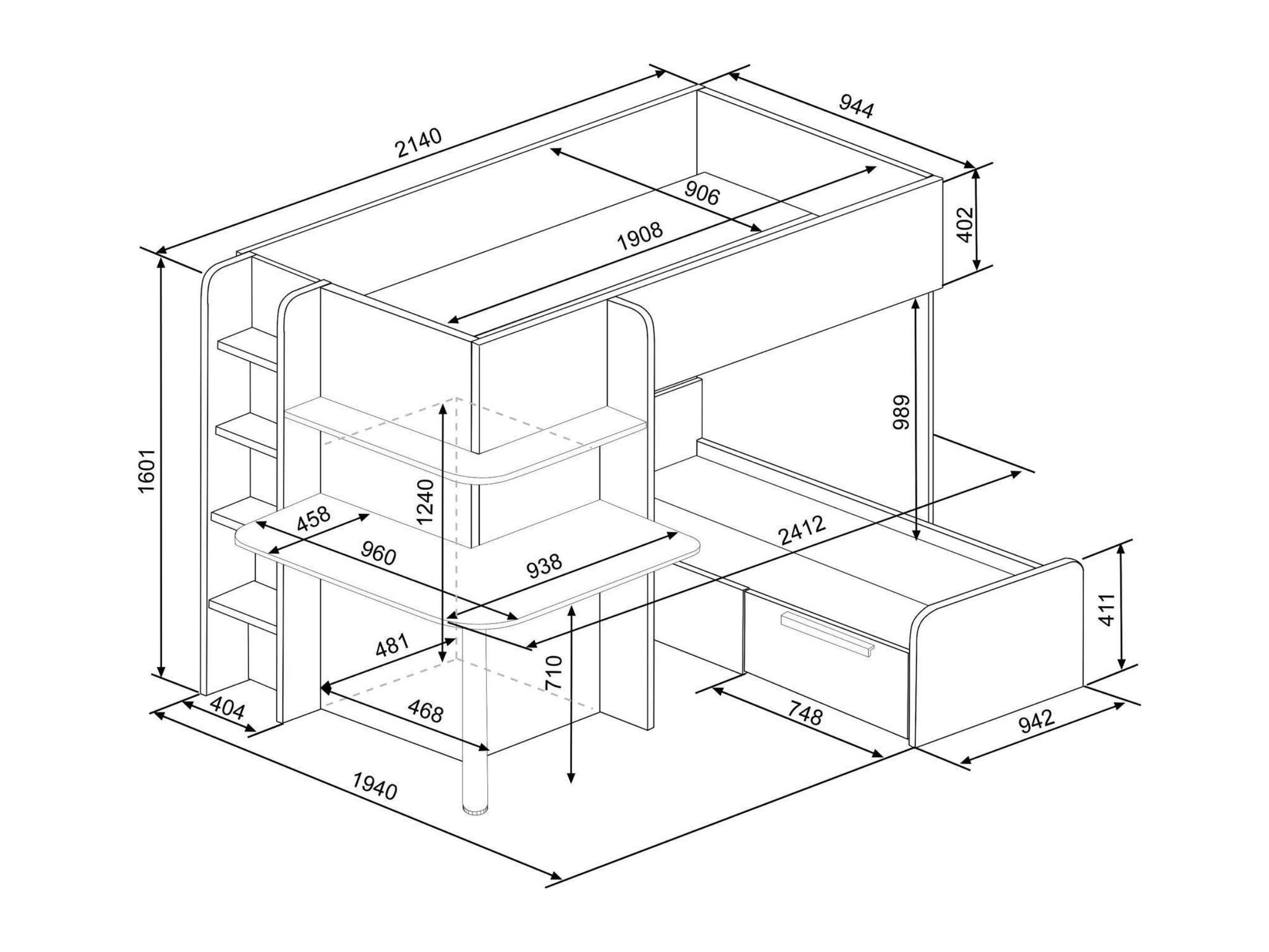 Palatino Køyeseng med Skrivebord og Oppbevaring 90x190 - Sort/Natur