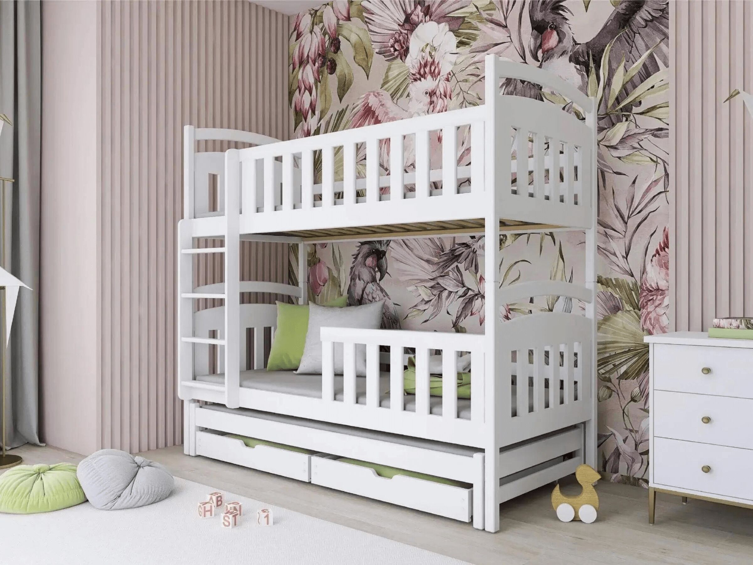 Viki Køyeseng med Uttrekkbar Gjesteseng og Skuffer 80x180 - Hvit