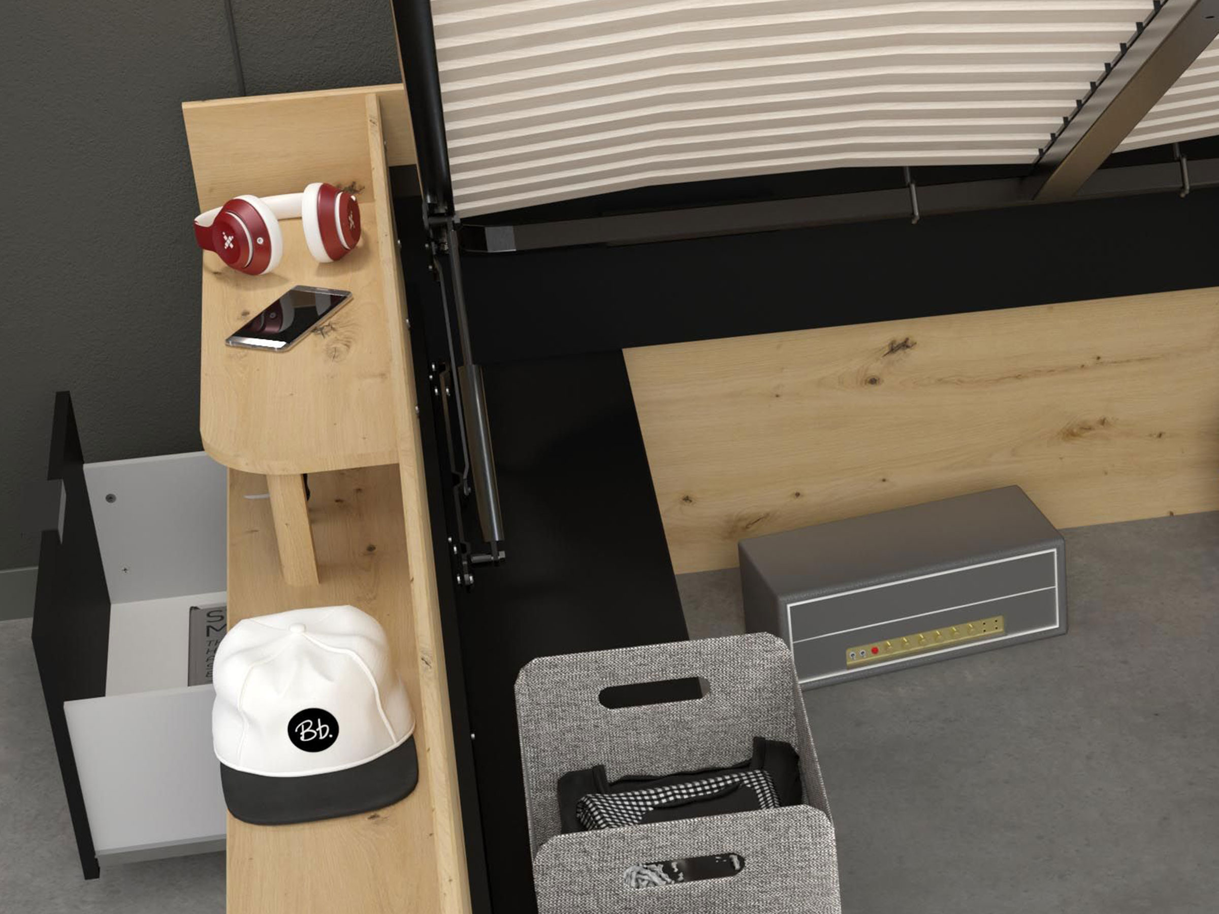 Space-UP Enkeltseng med Semi Walk-in Garderobe 140x200 - Sort/Natur