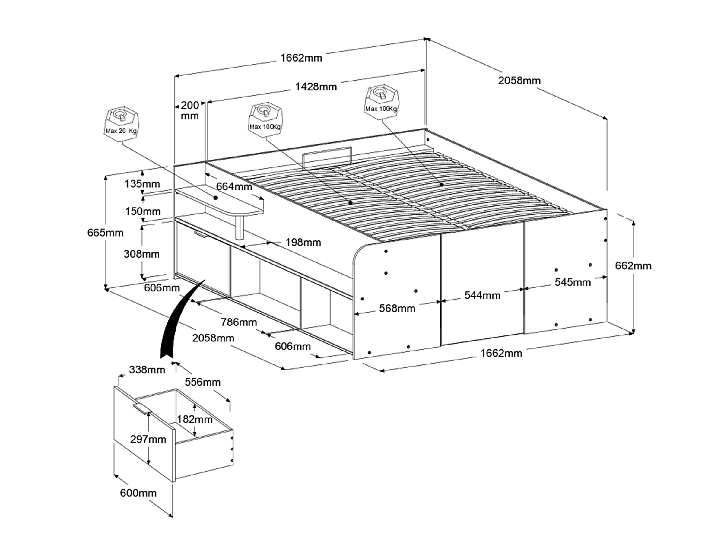 Space-UP Enkeltseng med Semi Walk-in Garderobe 140x200 - Sort/Natur