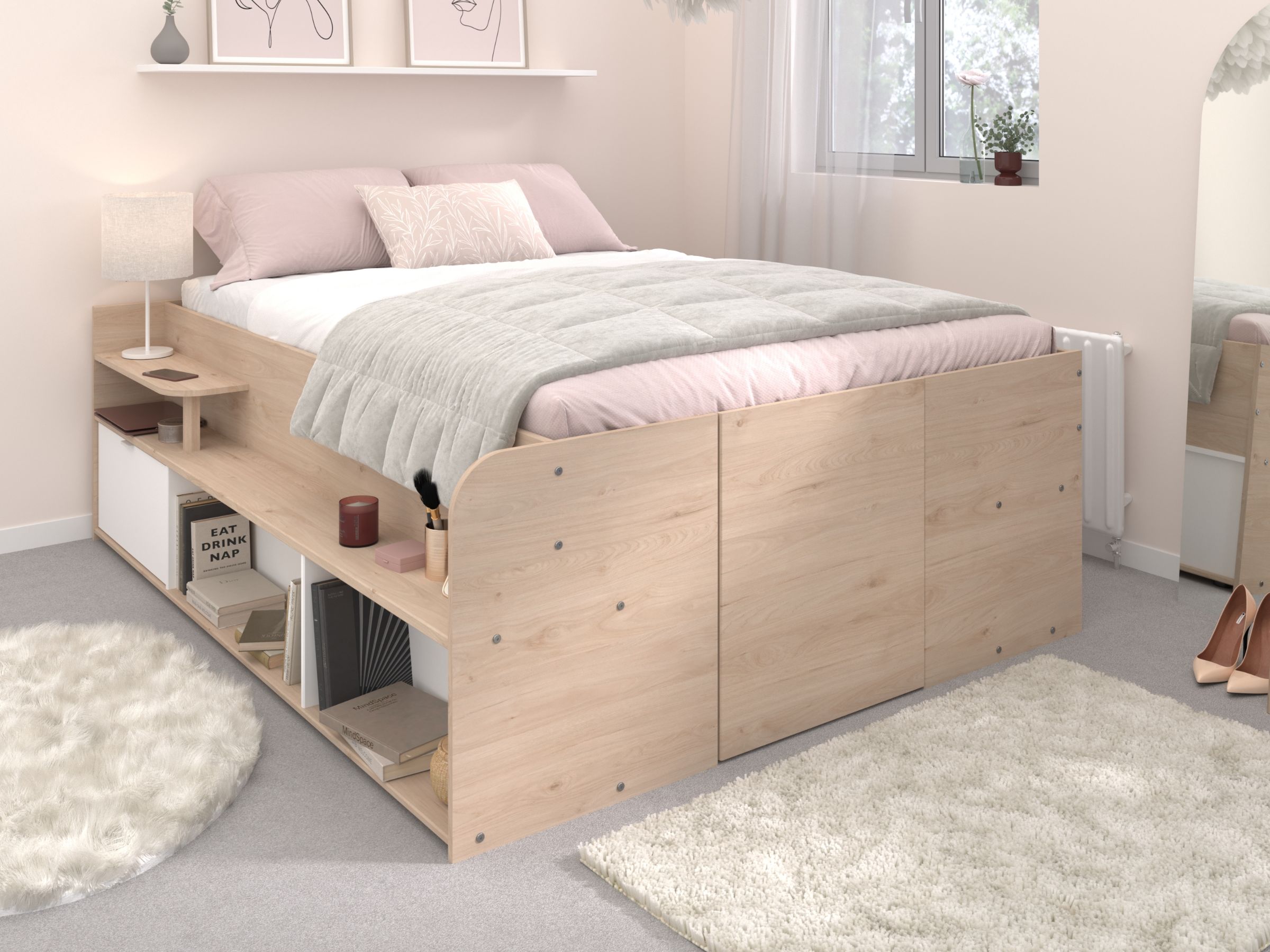 Space-UP Enkeltseng med Semi Walk-in Garderobe 140x200 - Hvit/Natur