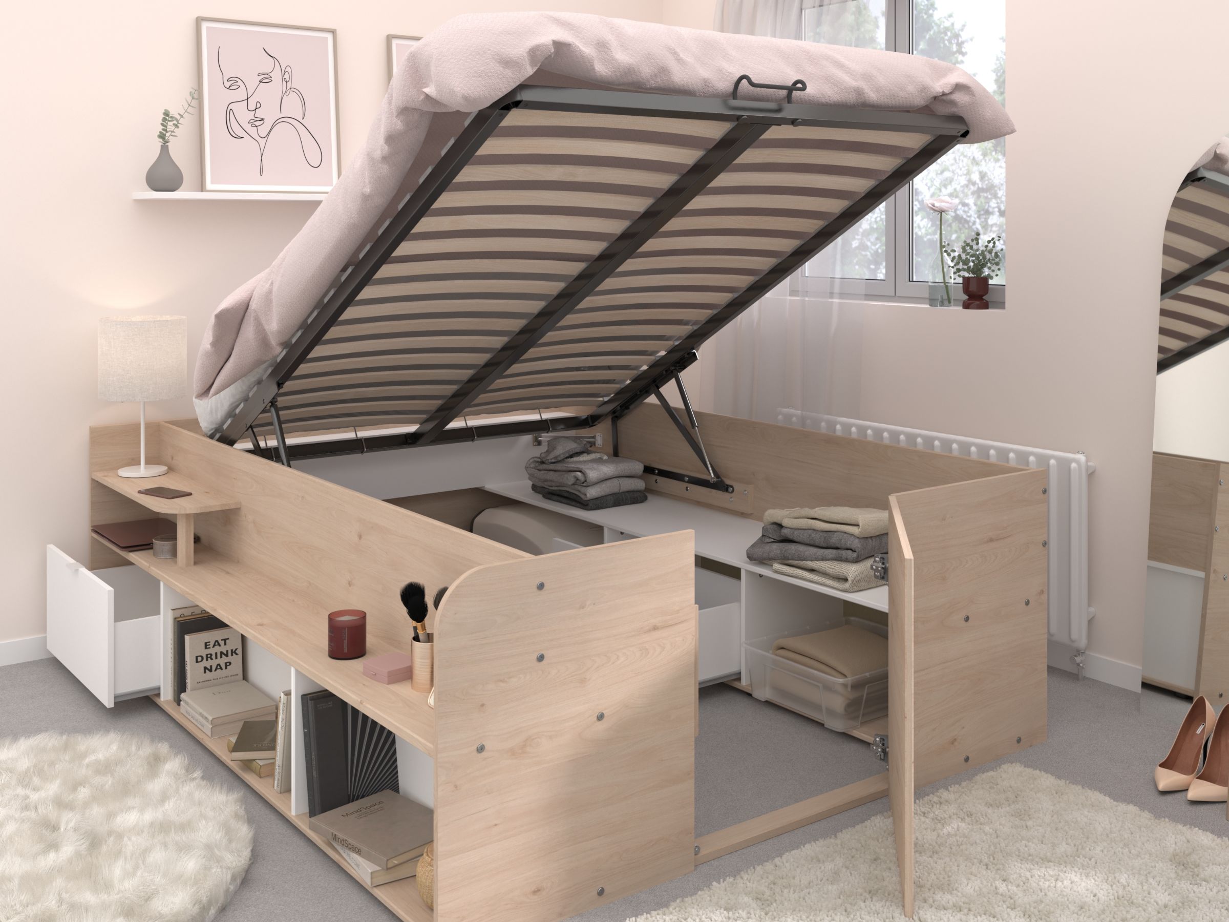 Space-UP Enkeltseng med Semi Walk-in Garderobe 140x200 - Hvit/Natur