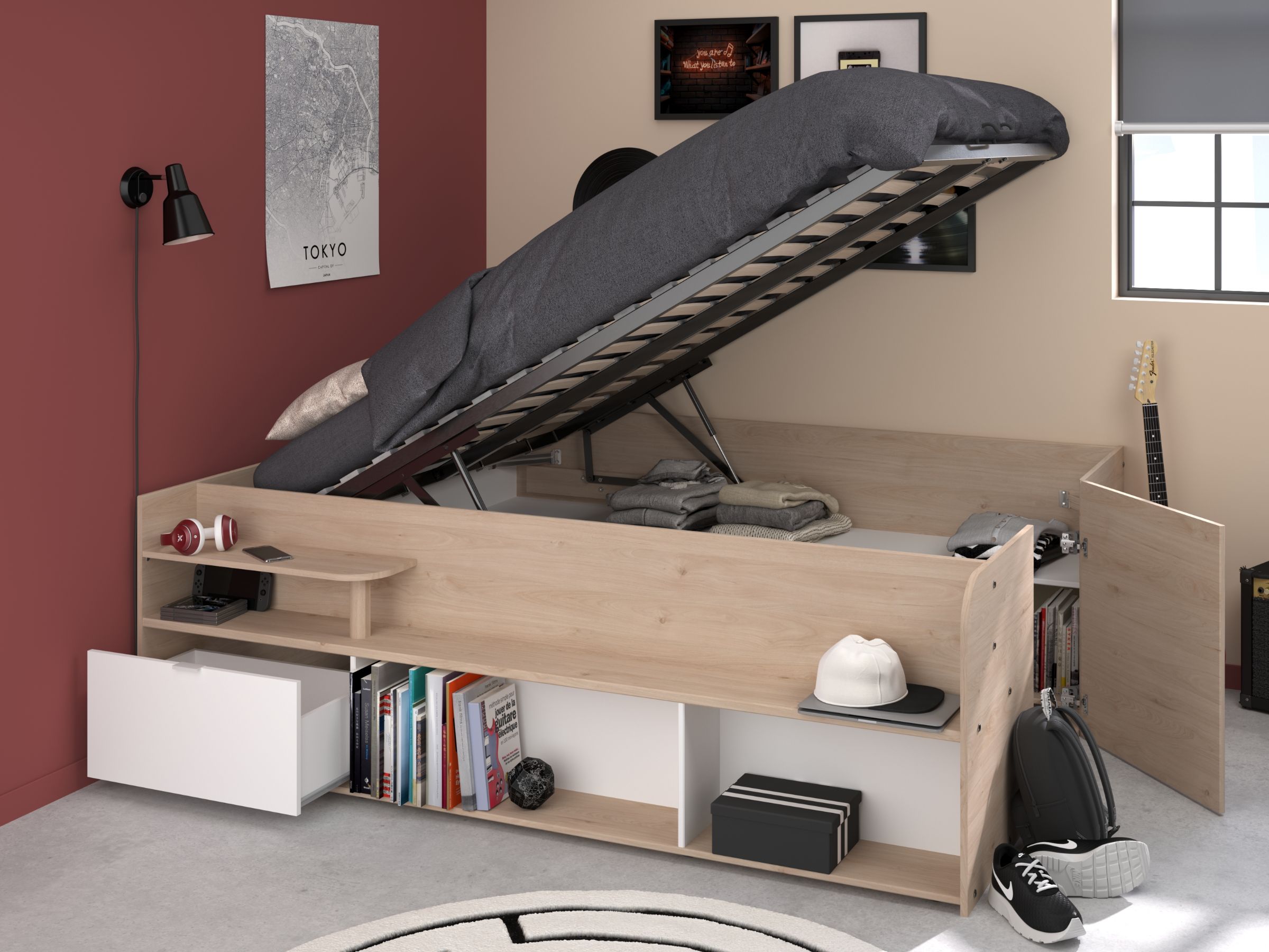 Space-UP Enkeltseng med Semi Walk-in Garderobe 140x200 - Hvit/Natur