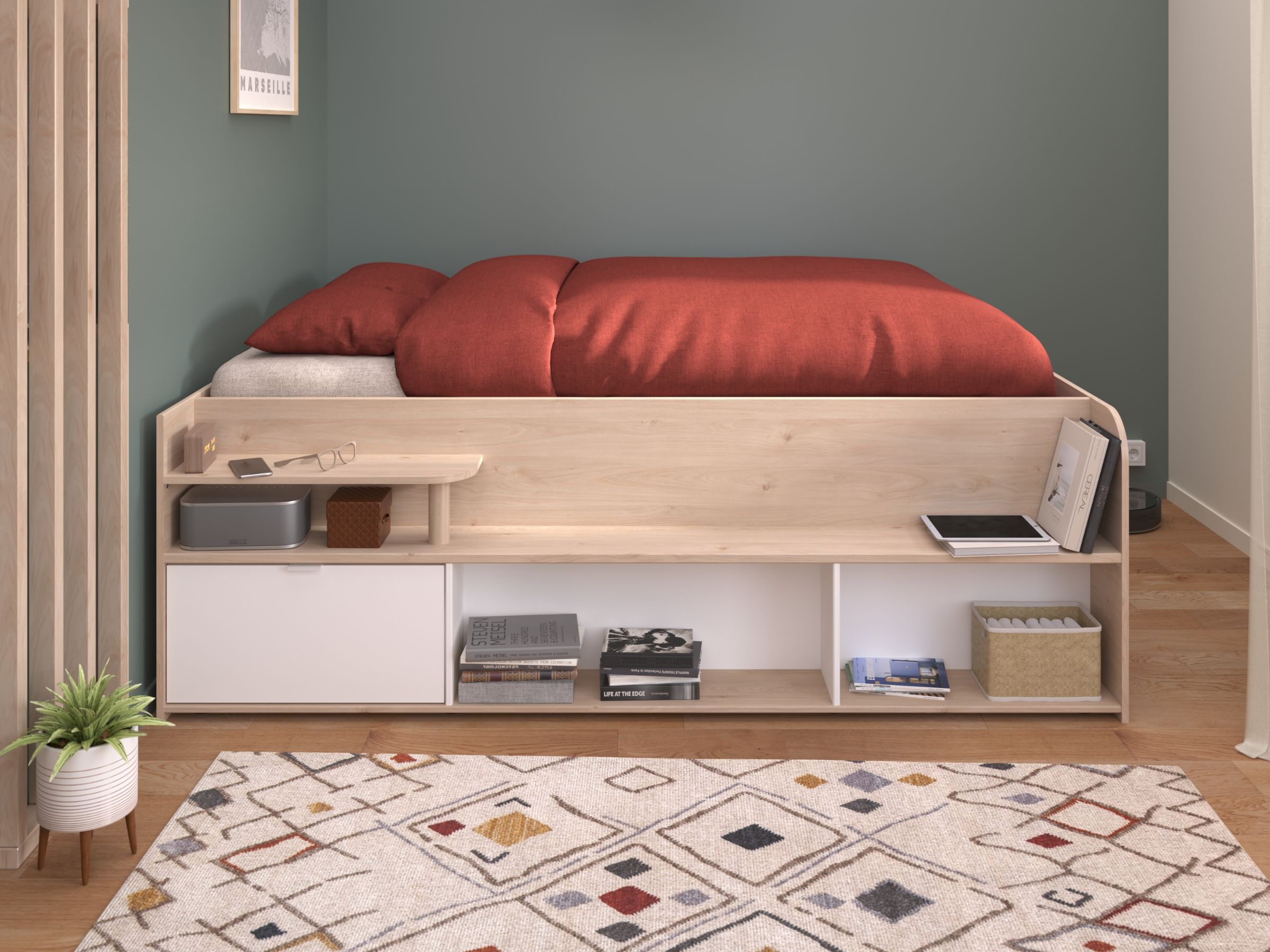Space-UP Enkeltseng med Semi Walk-in Garderobe 140x200 - Hvit/Natur