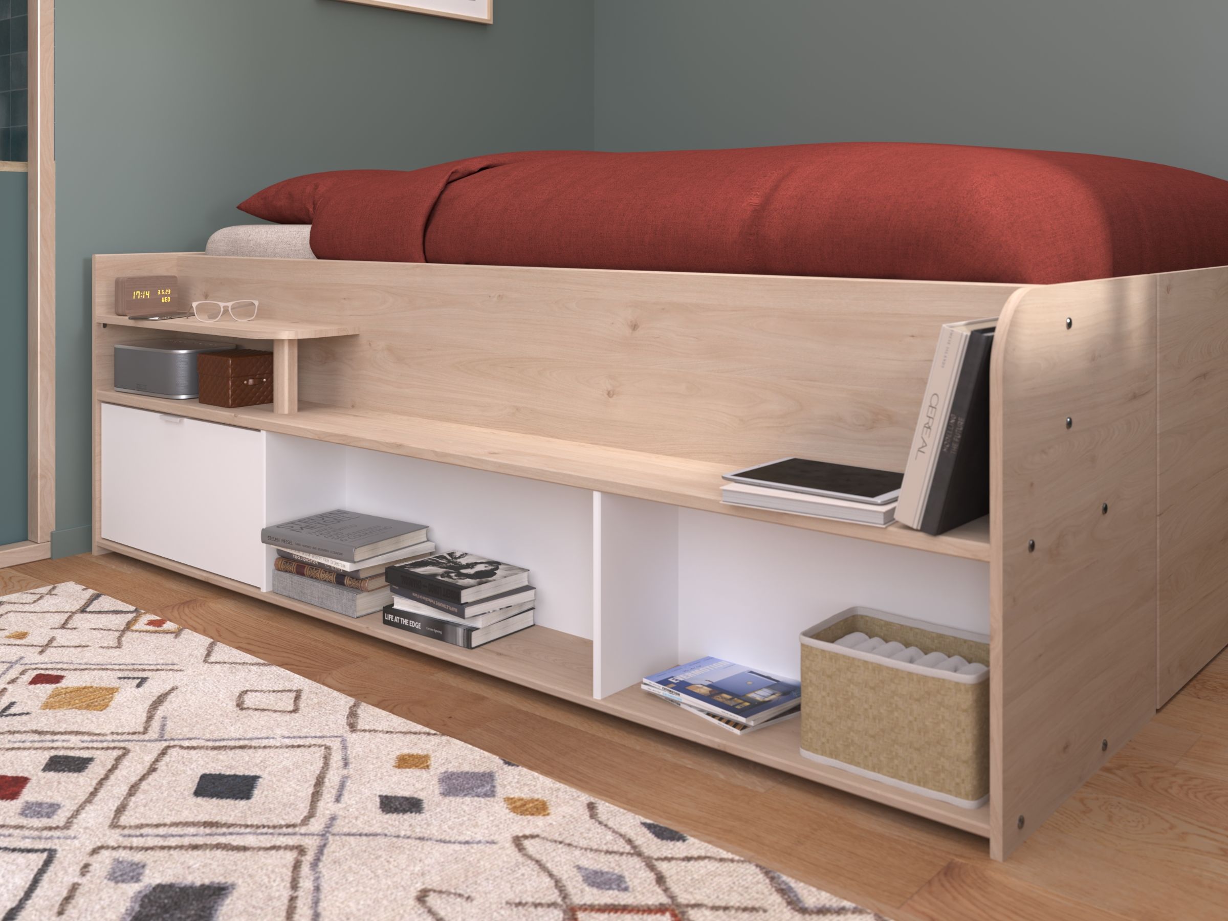 Space-UP Enkeltseng med Semi Walk-in Garderobe 140x200 - Hvit/Natur