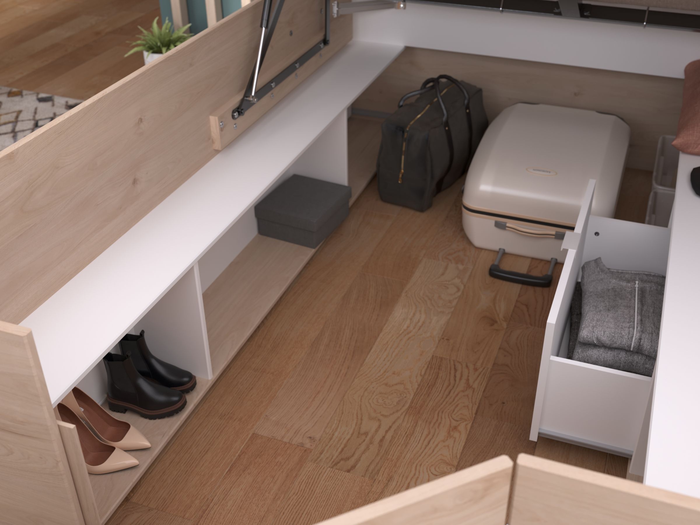 Space-UP Enkeltseng med Semi Walk-in Garderobe 140x200 - Hvit/Natur