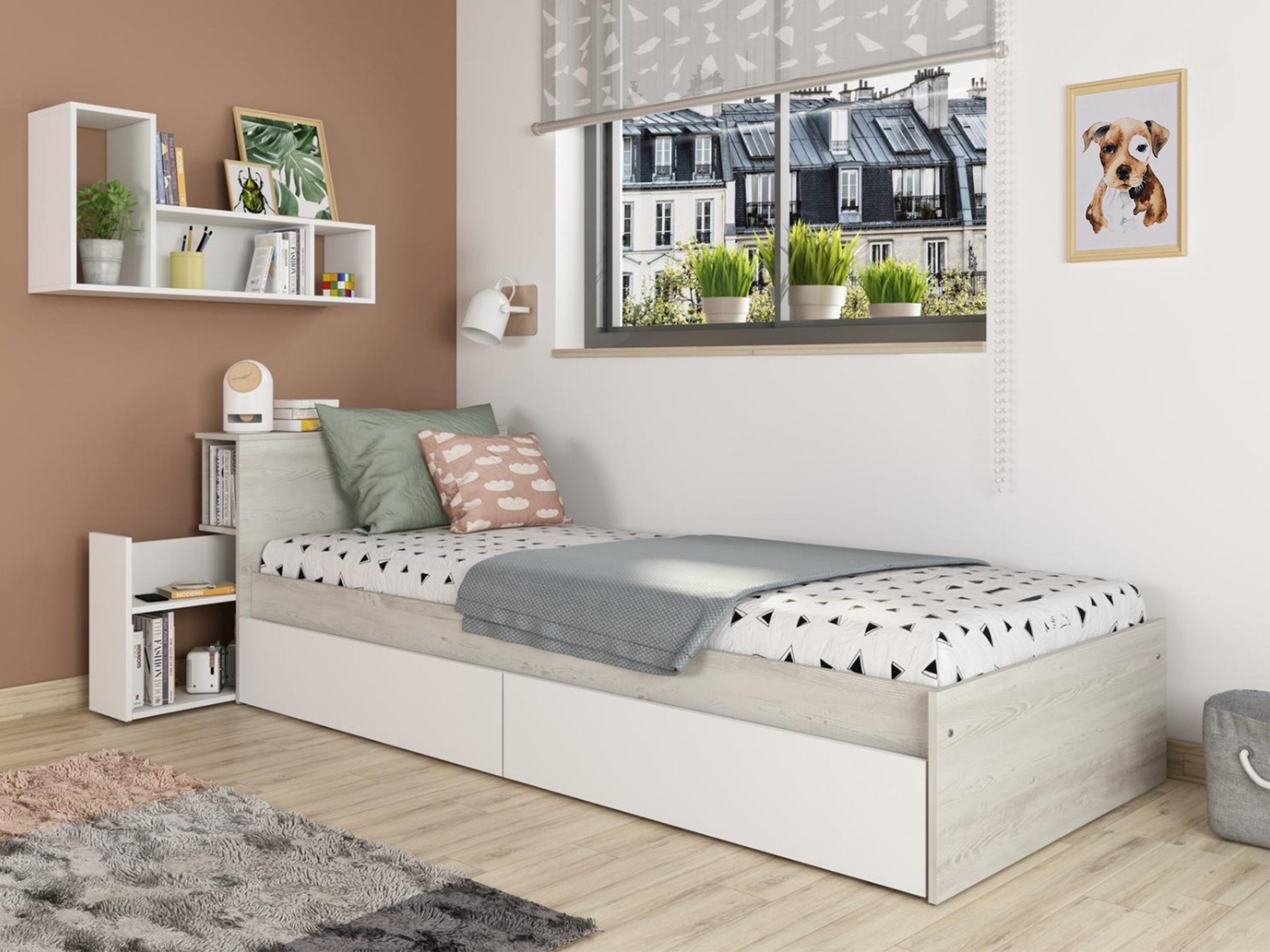 Jazz Enkeltseng med Sengegavl og Skuffer 90x200 - Hvit/Natur