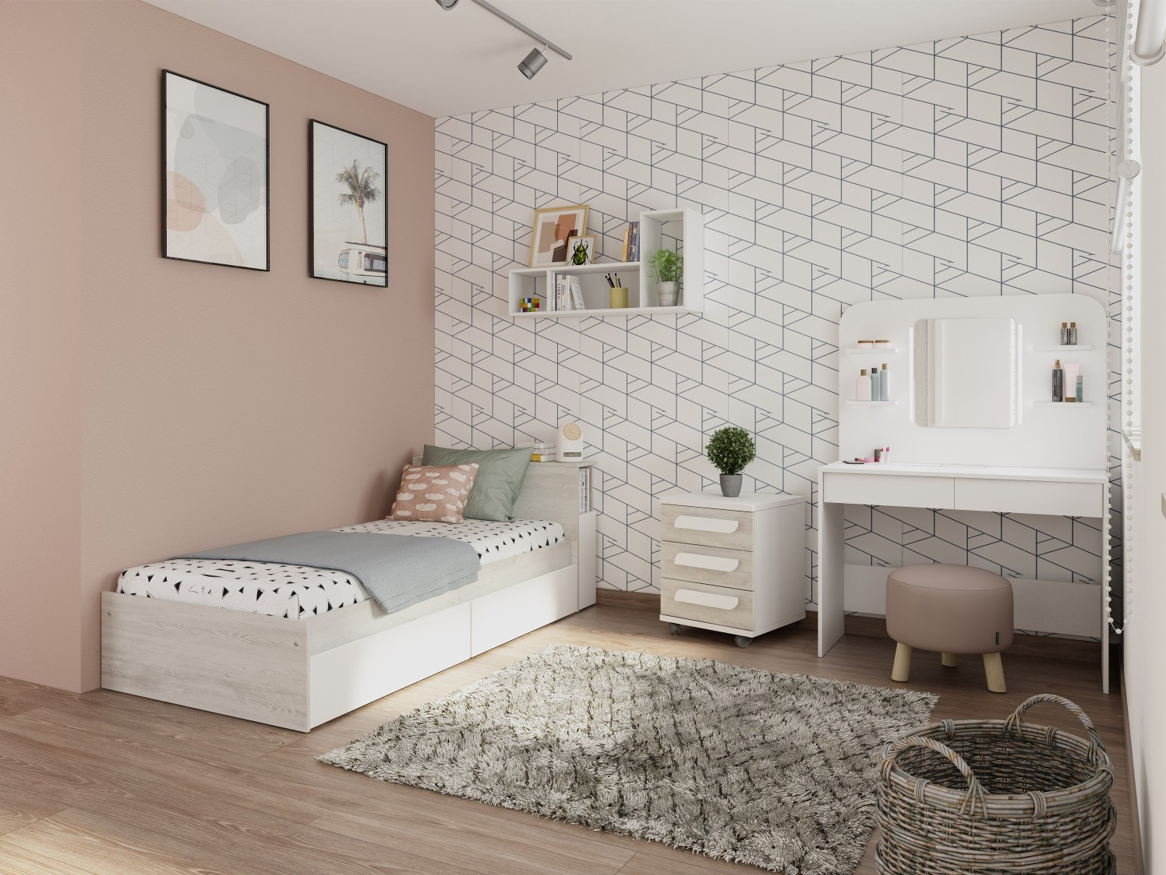 Jazz Enkeltseng med Sengegavl og Skuffer 90x200 - Hvit/Natur