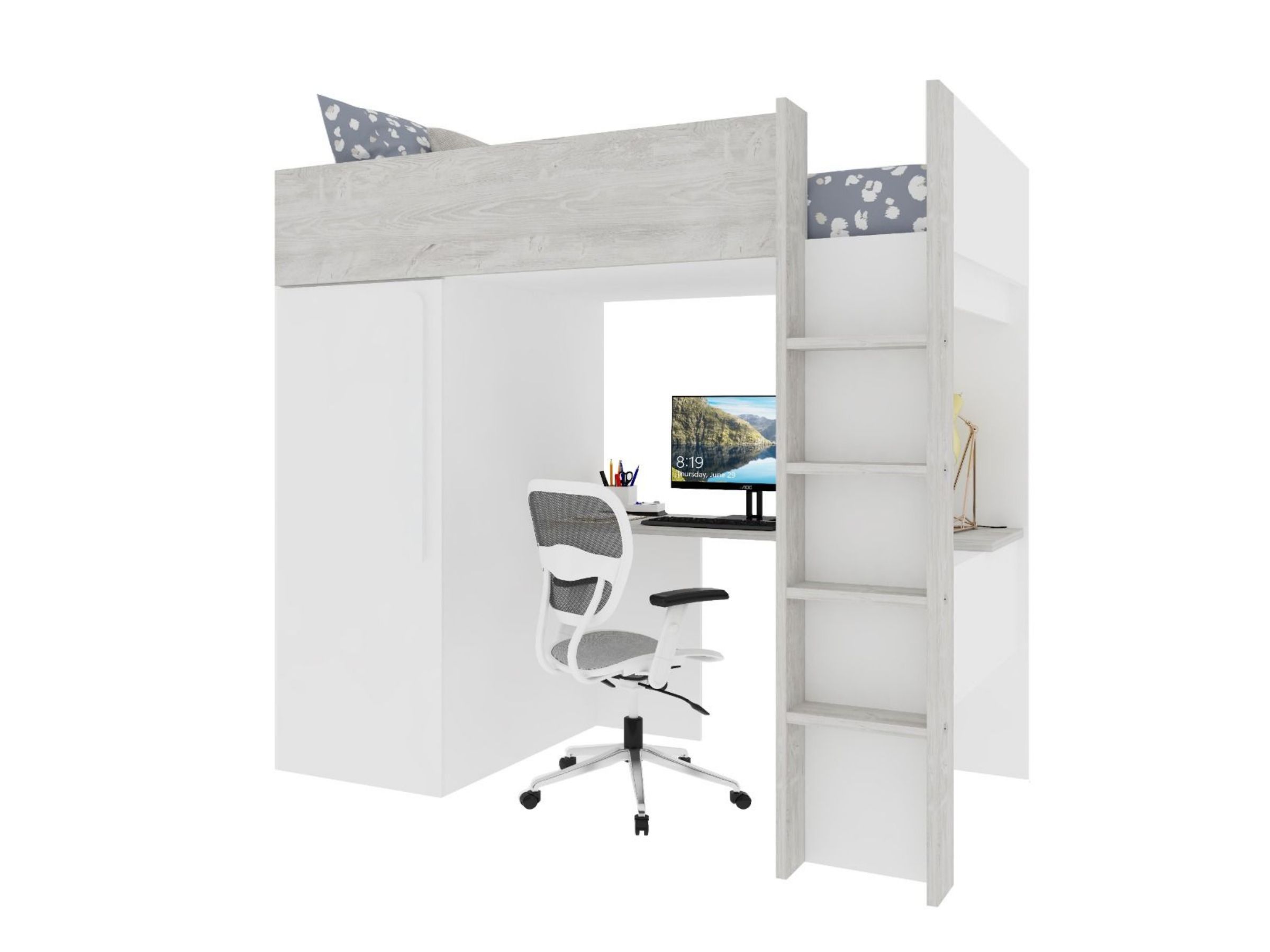 Studio Loftseng med Skrivebord og 1-dørs Garderobeskap 90x200 - Hvit/Natur