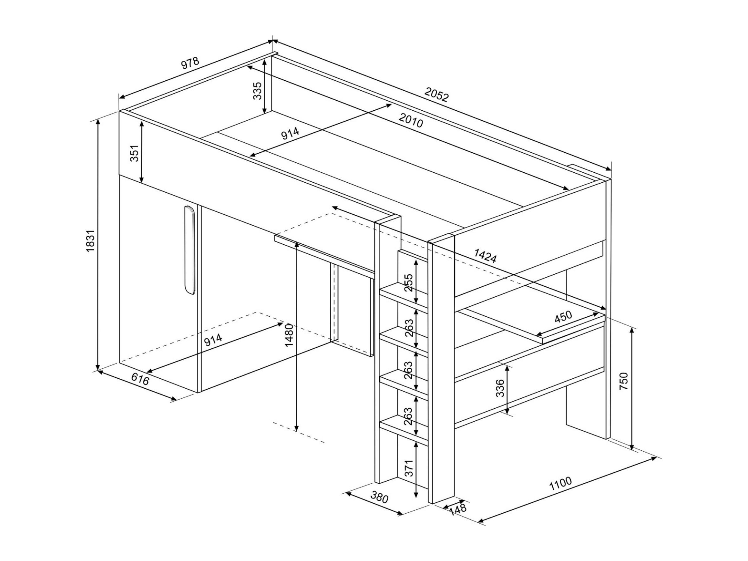 Studio Loftseng med Skrivebord og 1-dørs Garderobeskap 90x200 - Hvit/Natur