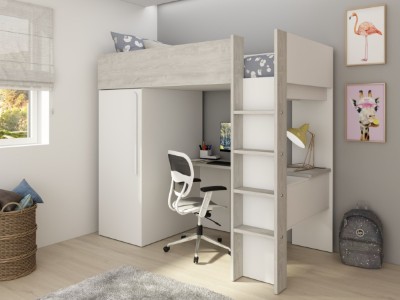 Studio Loftseng med Skrivebord og 1-dørs Garderobeskap 90x200 - Hvit/Natur