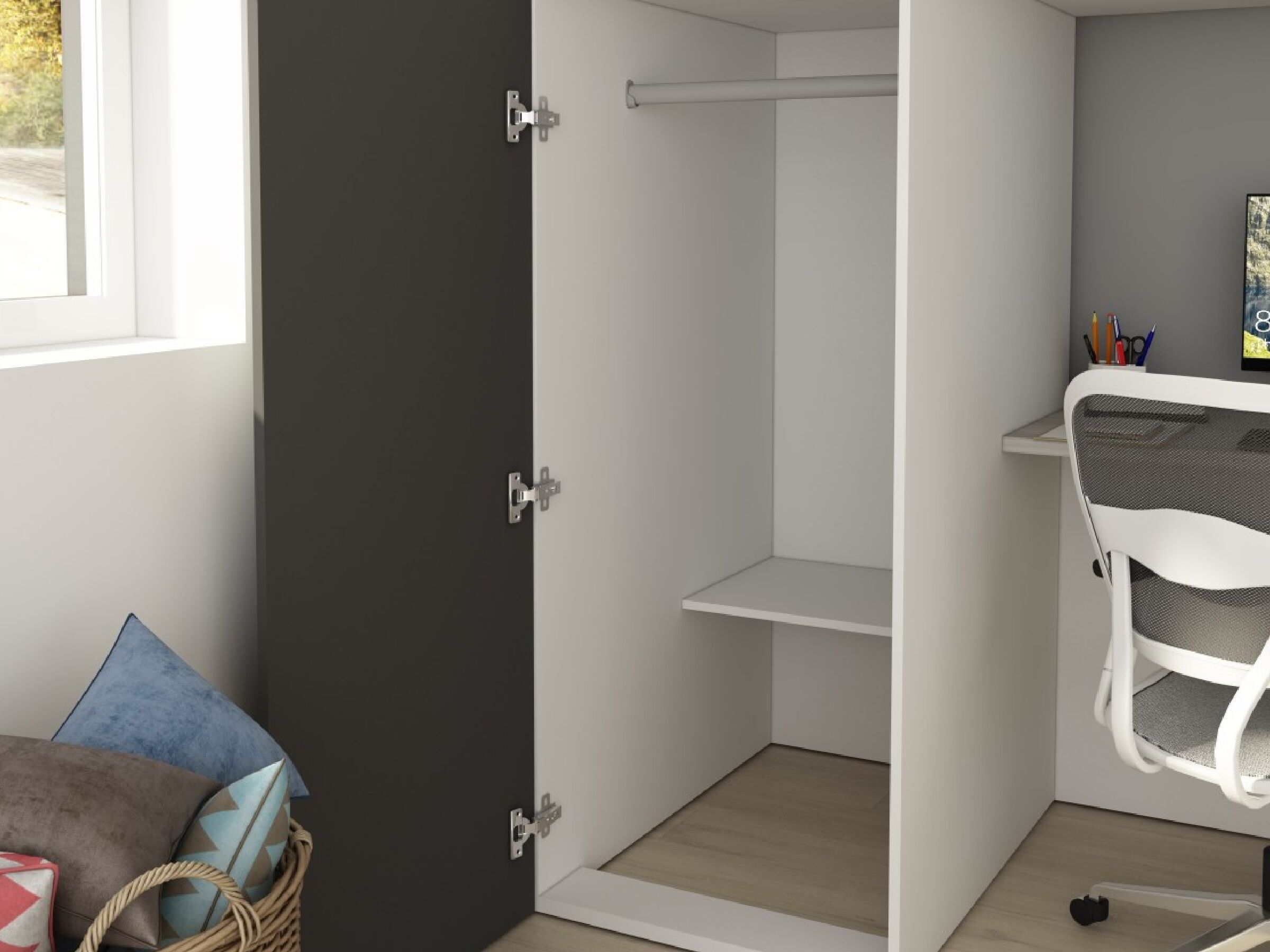 Studio Loftseng med Skrivebord og 1-dørs Garderobeskap 90x200 - Sort/Natur