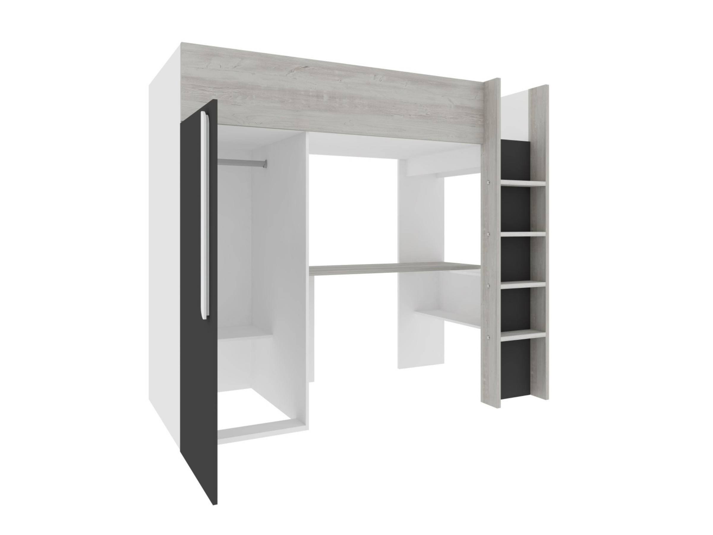 Studio Loftseng med Skrivebord og 1-dørs Garderobeskap 90x200 - Sort/Natur