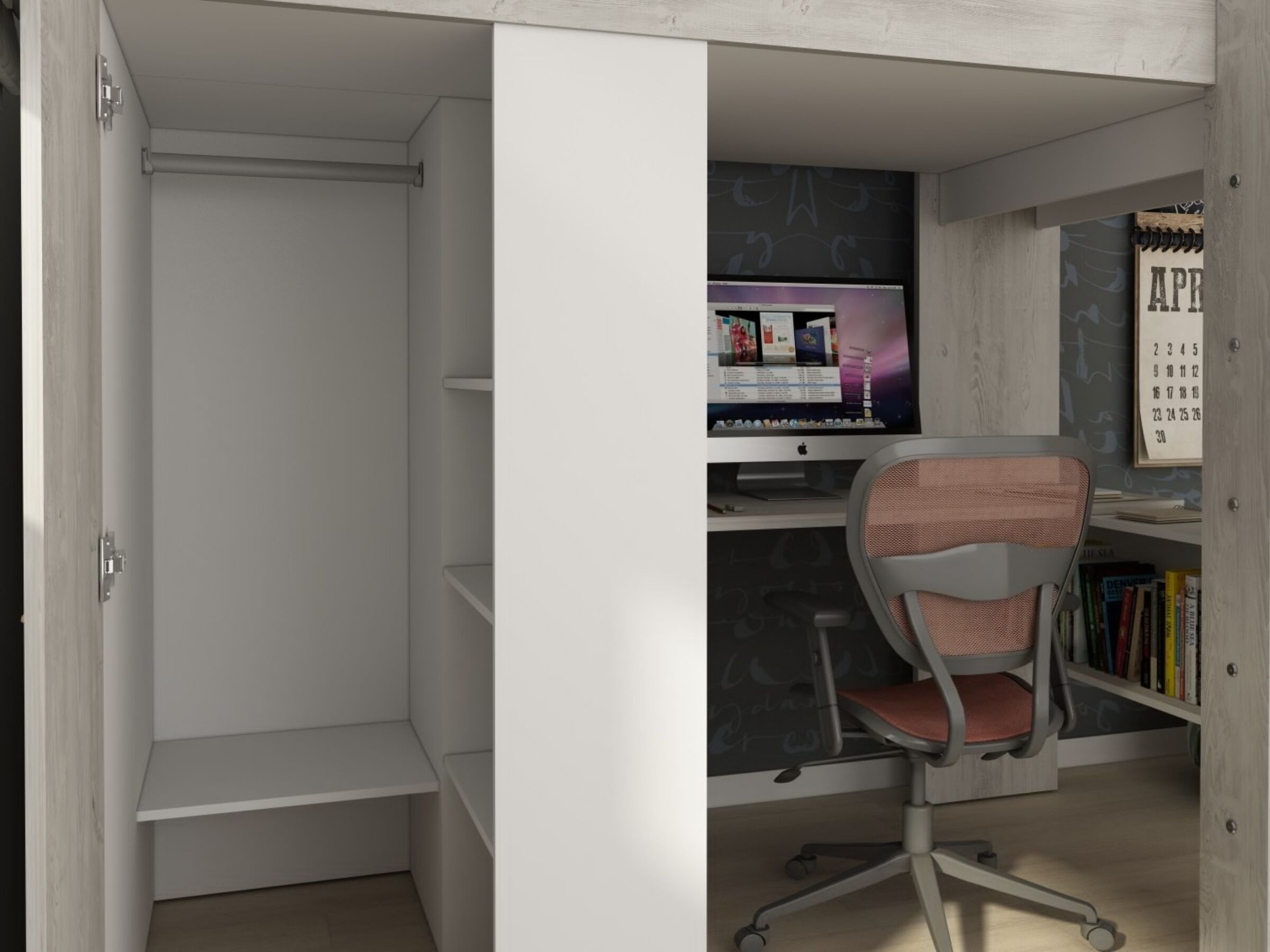 Studio Loftseng med Skrivebord og Garderobe 90x200 - Blå/Natur