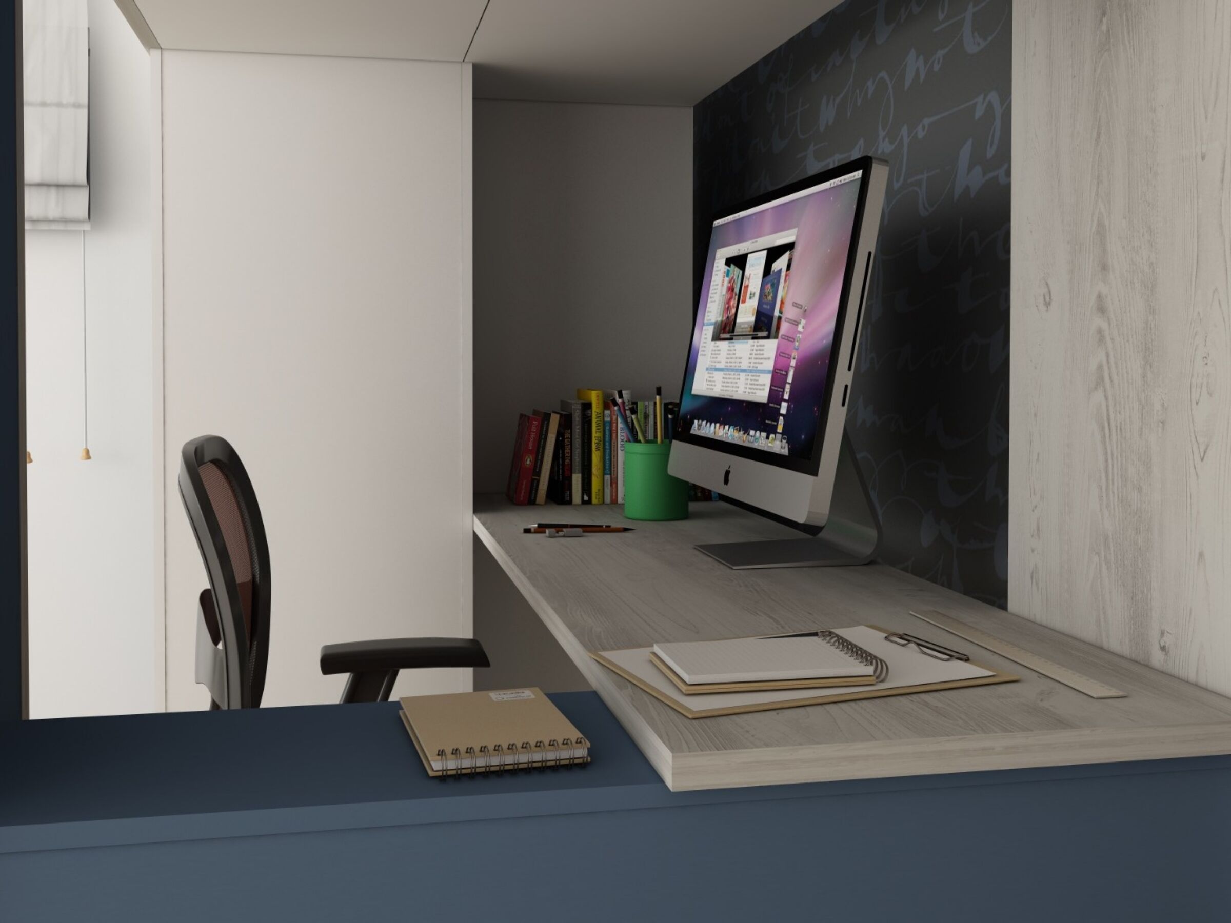 Studio Loftseng med Skrivebord og Garderobe 90x200 - Blå/Natur