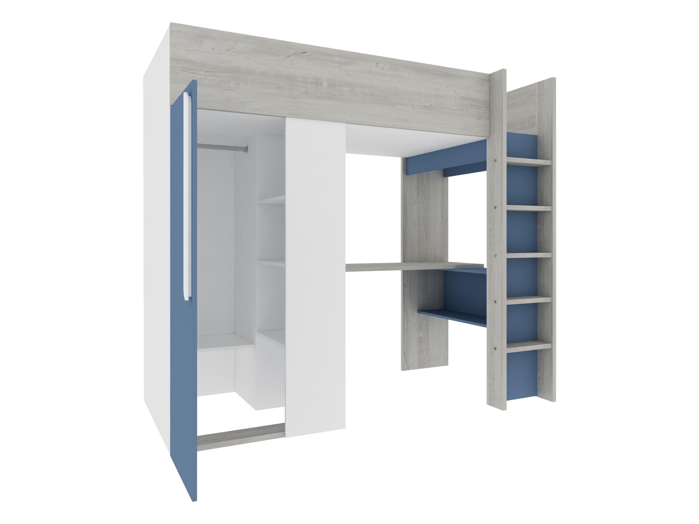 Studio Loftseng med Skrivebord og Garderobe 90x200 - Blå/Natur