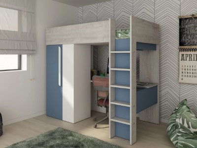 Studio Loftseng med Skrivebord og Garderobe 90x200 - Blå/Natur