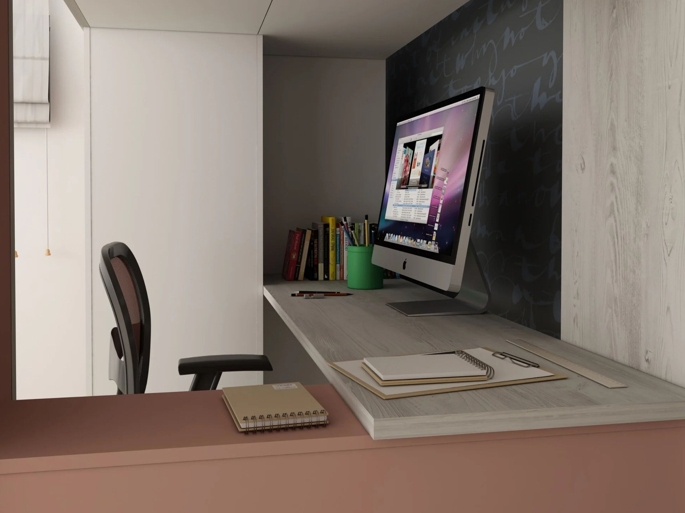 Studio Loftseng med Skrivebord og Garderobe 90x200 - Rosa/Natur