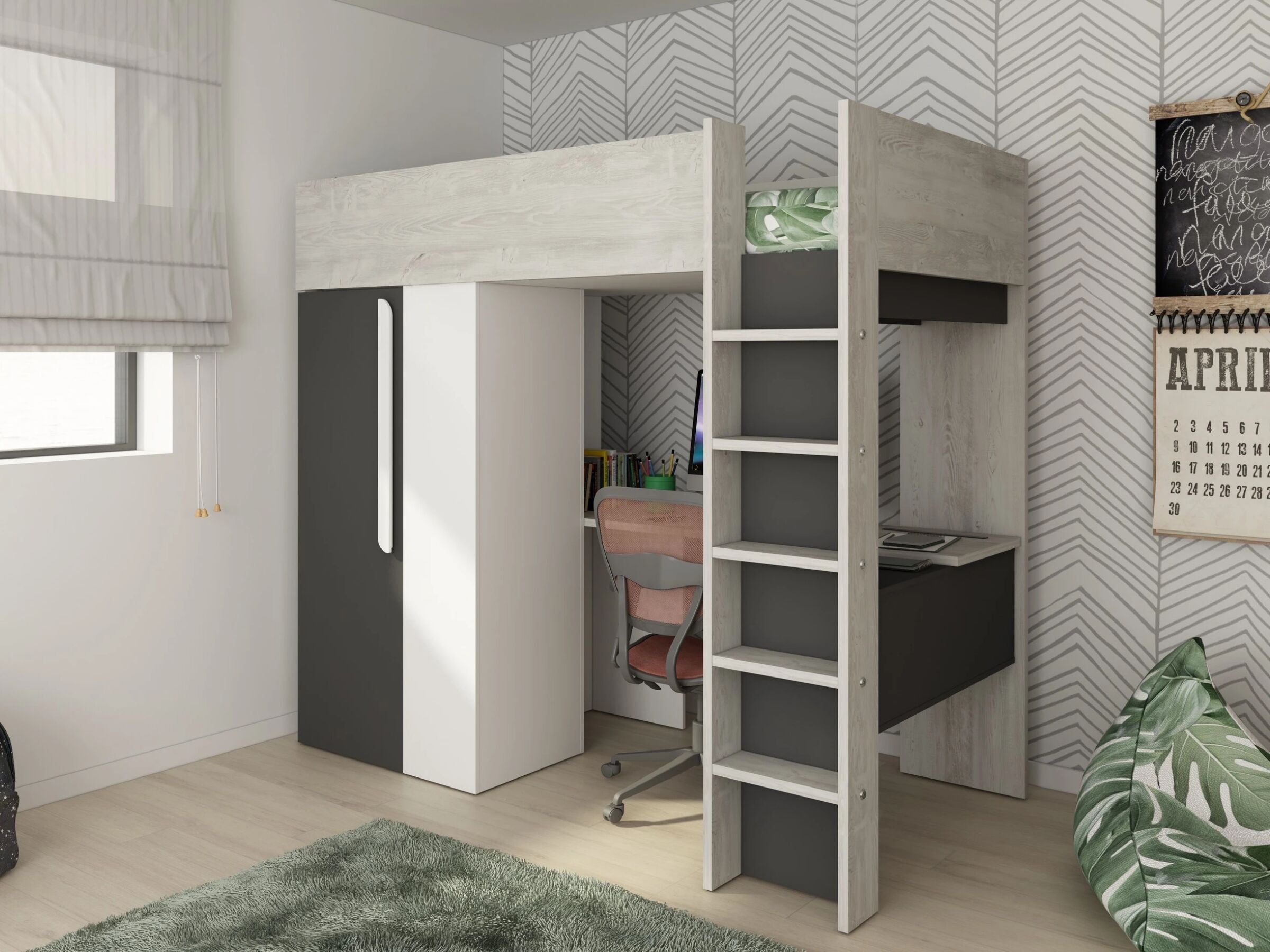 Studio Loftseng med Skrivebord og Garderobe 90x200 - Sort/Natur