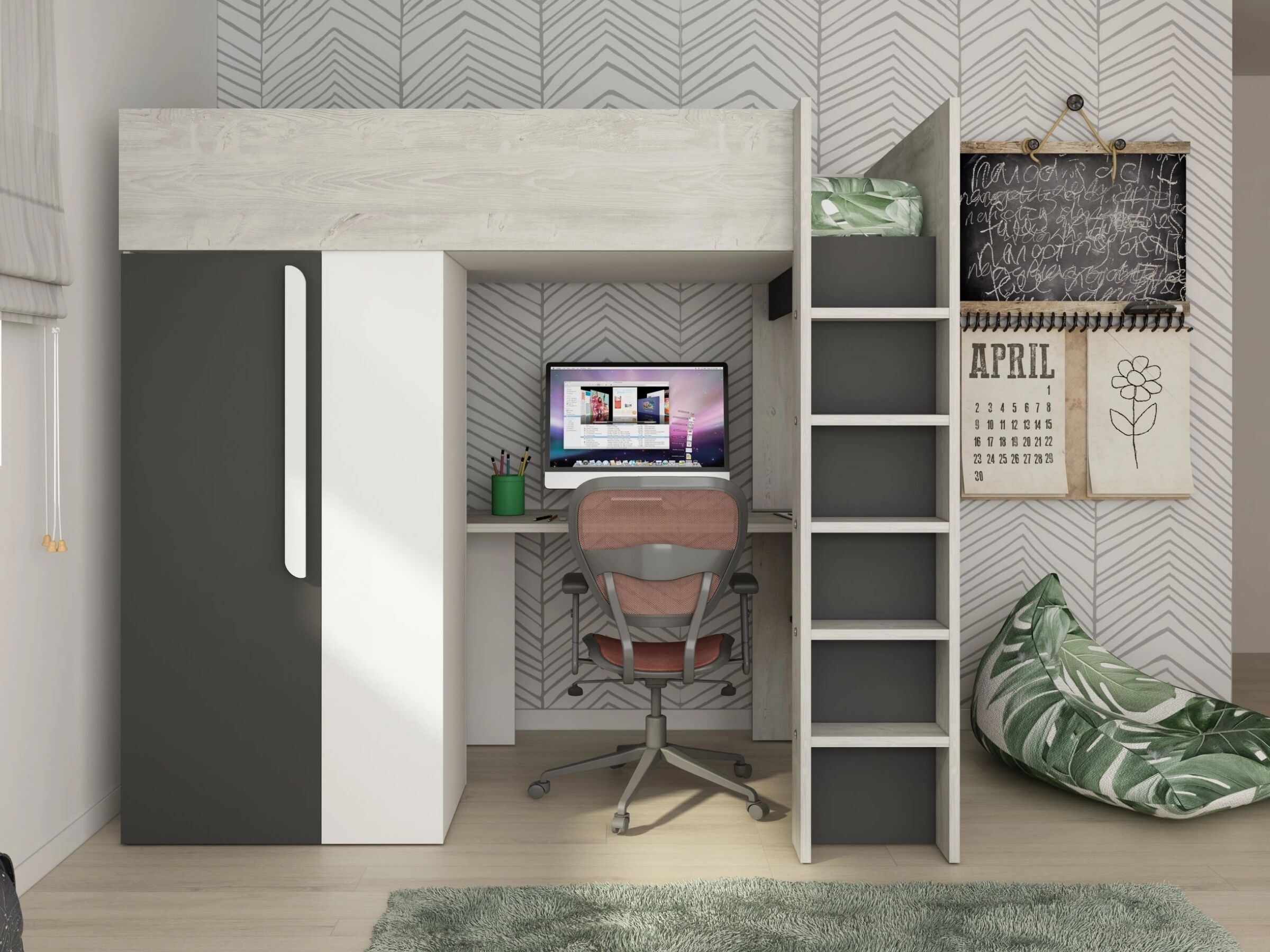 Studio Loftseng med Skrivebord og Garderobe 90x200 - Sort/Natur