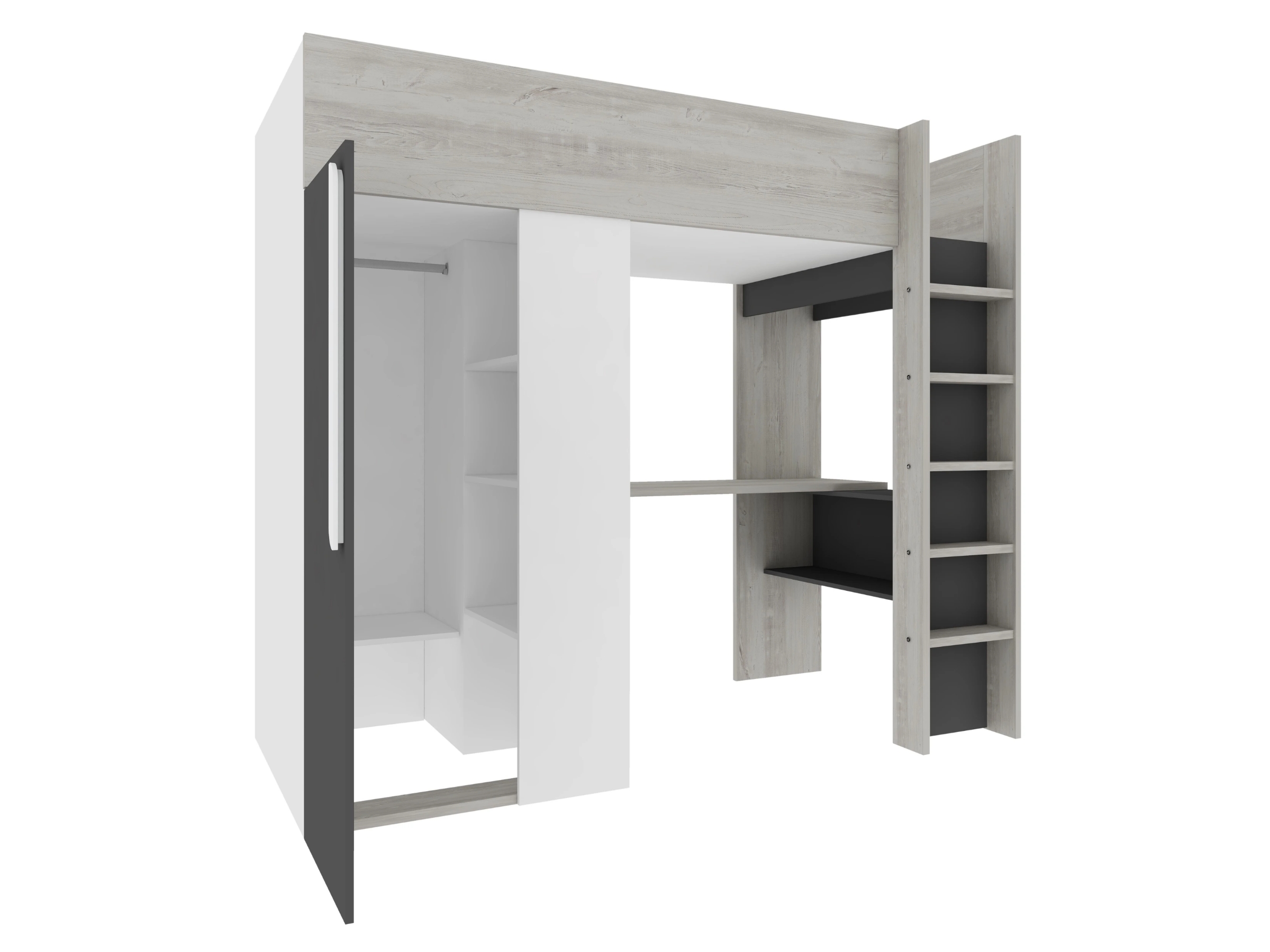 Studio Loftseng med Skrivebord og Garderobe 90x200 - Sort/Natur