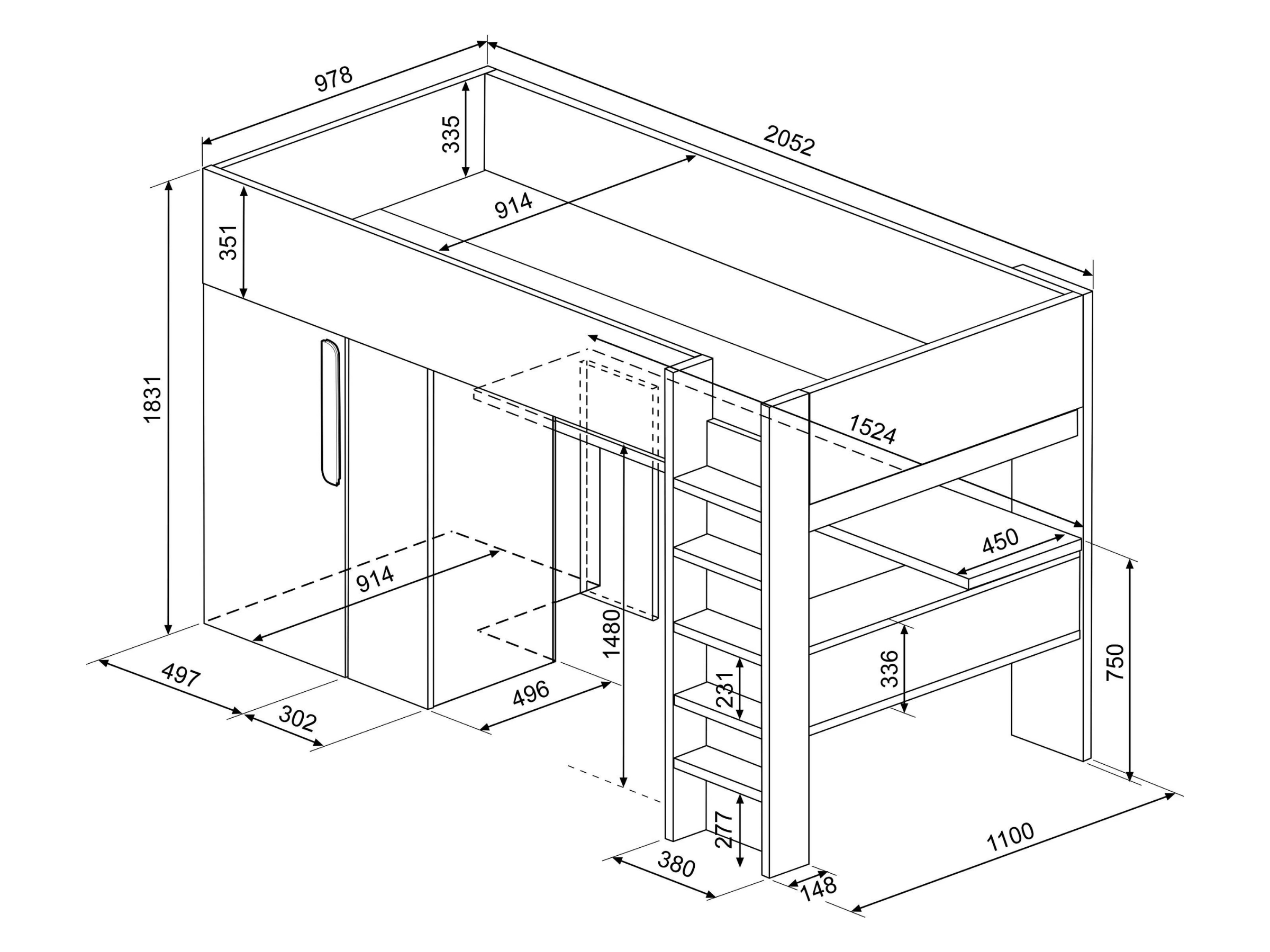 Studio Loftseng med Skrivebord og Garderobe 90x200 - Sort/Natur