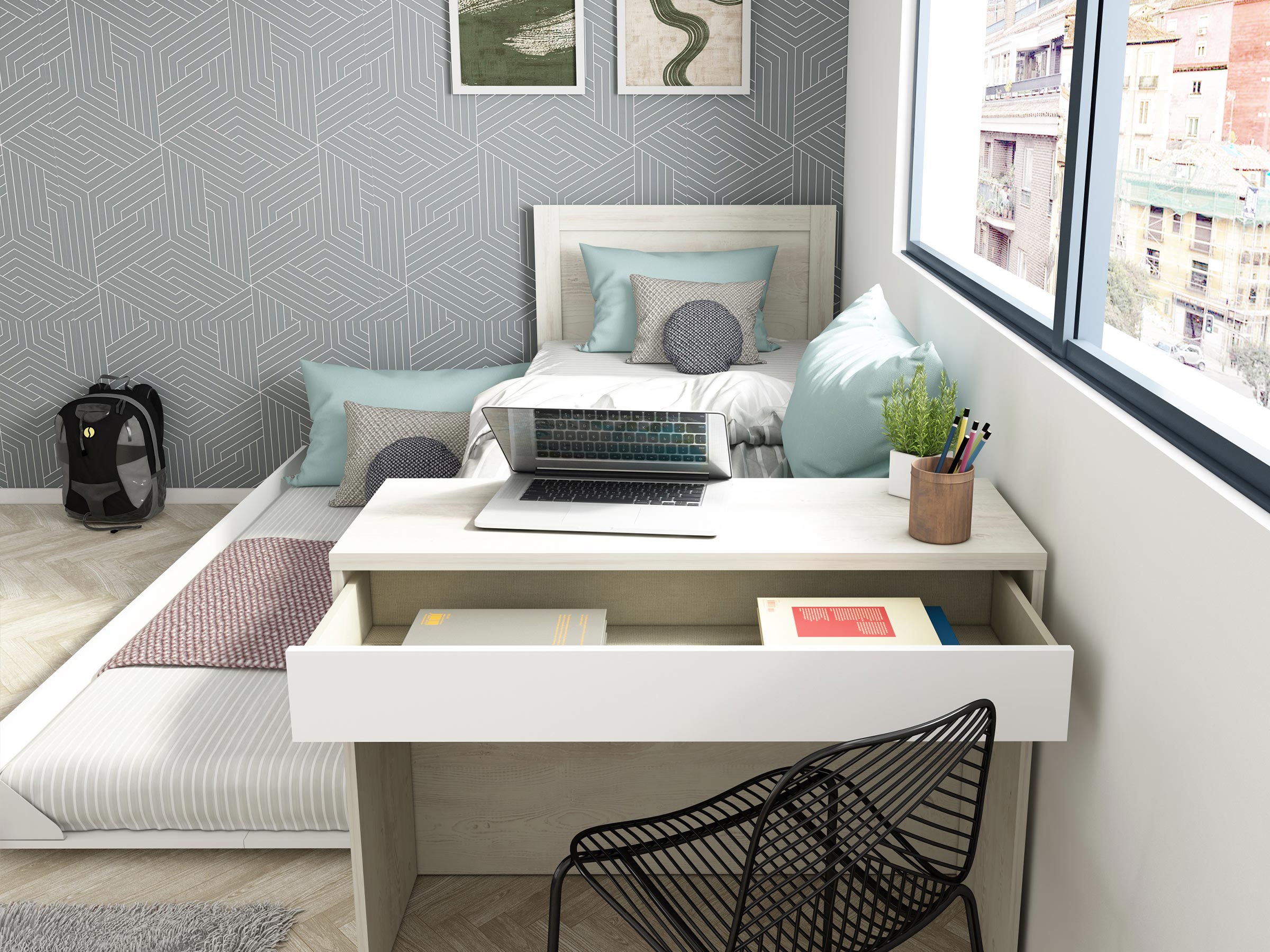 Shipley Multifunksjonell seng med skrivebord og gjesteseng 90x200 - Natur/Hvit