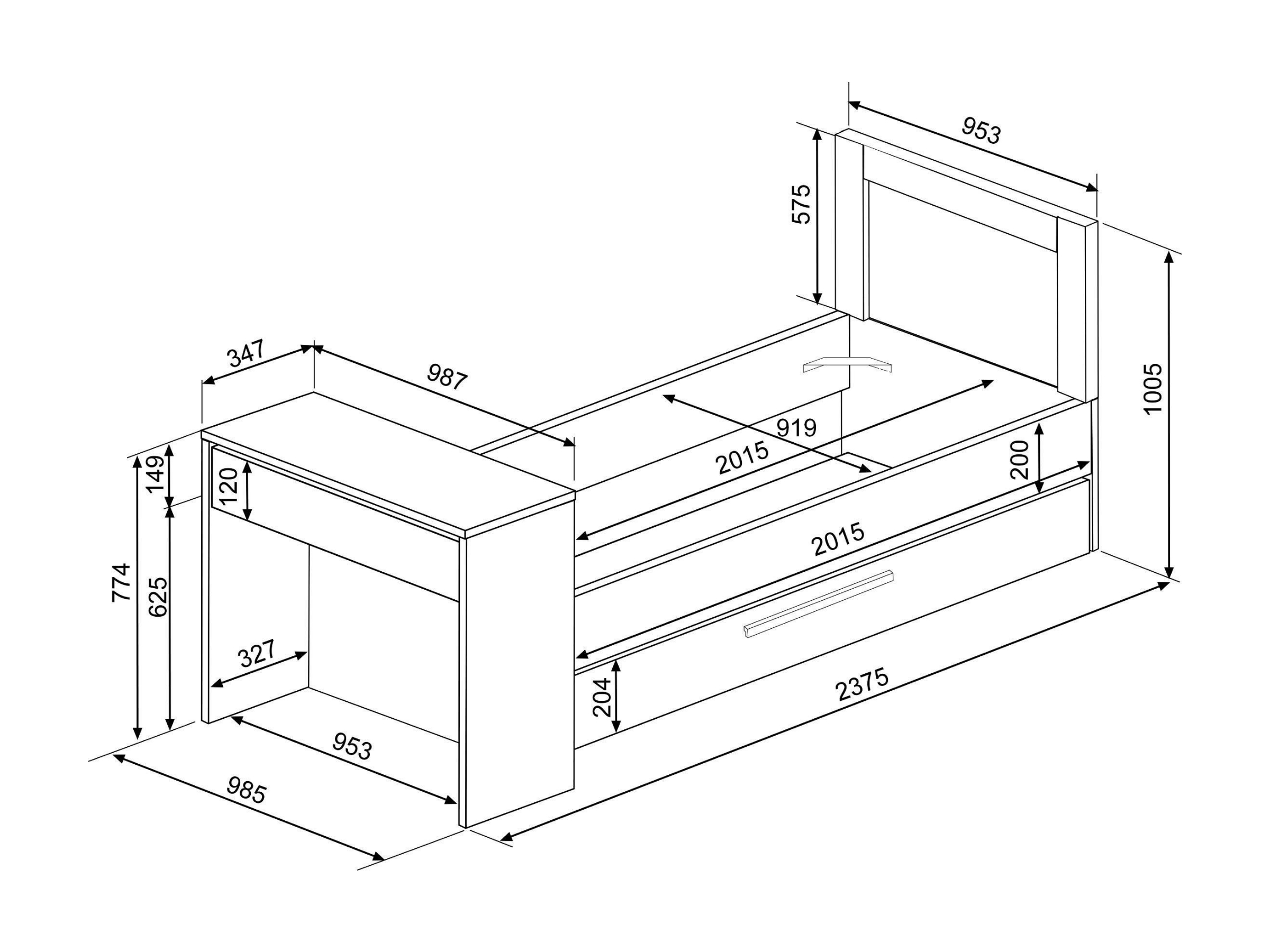 Shipley Multifunksjonell seng med skrivebord og gjesteseng 90x200 - Natur/Sort