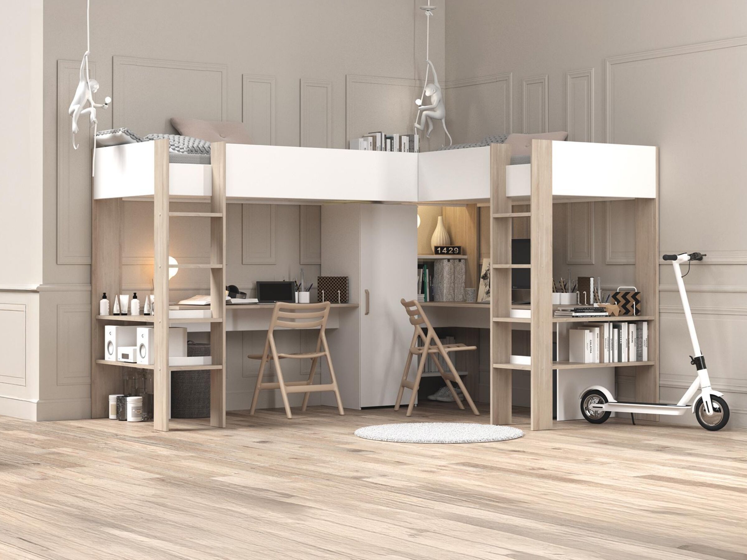 Alexandra Dobbel Loftseng med Skrivebord 90x200 - Hvit/Natur