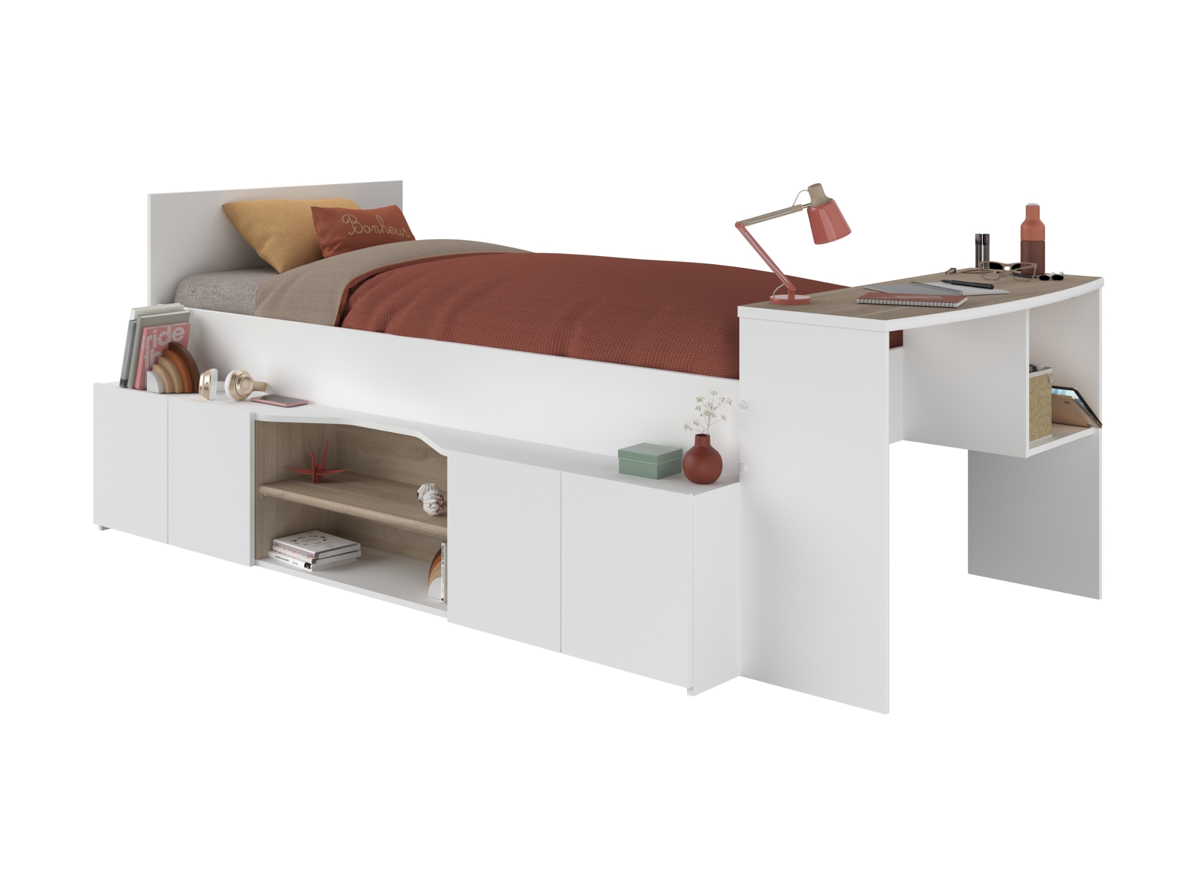 Cleo Multifunksjonell Juniorseng med Skrivebord 90x200 - Hvit/Natur