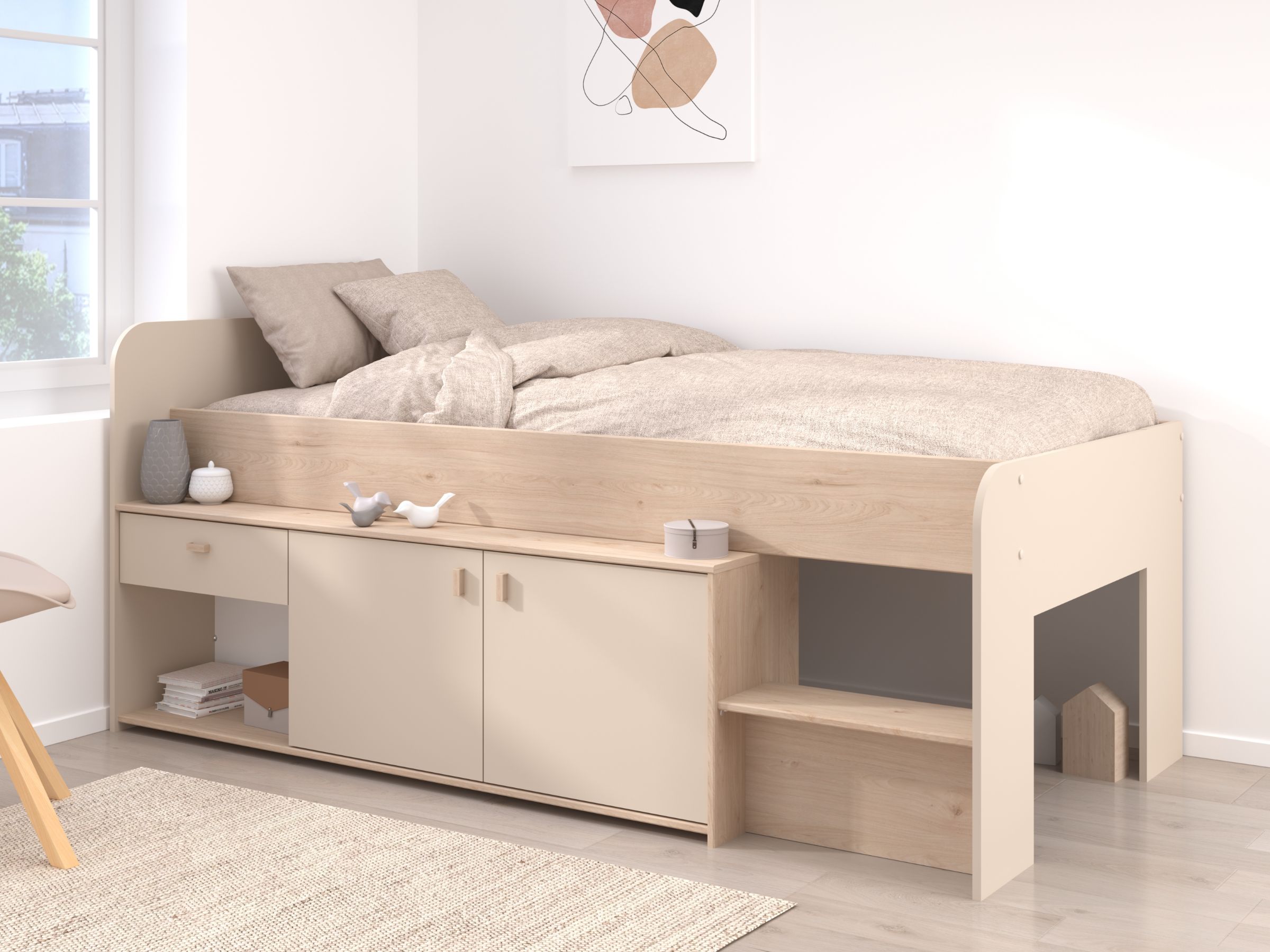 Ella Halvhøy Barneseng med Oppbevaring 90x200 - Beige
