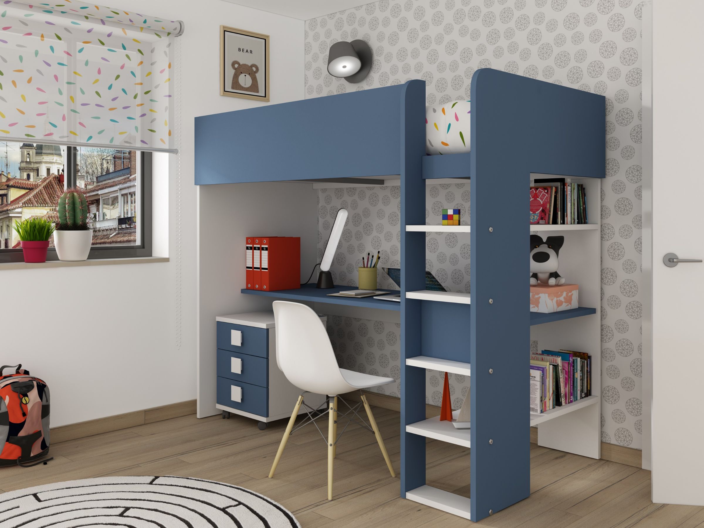 Trasman Loftseng med Skrivebord 90x200 - Blå