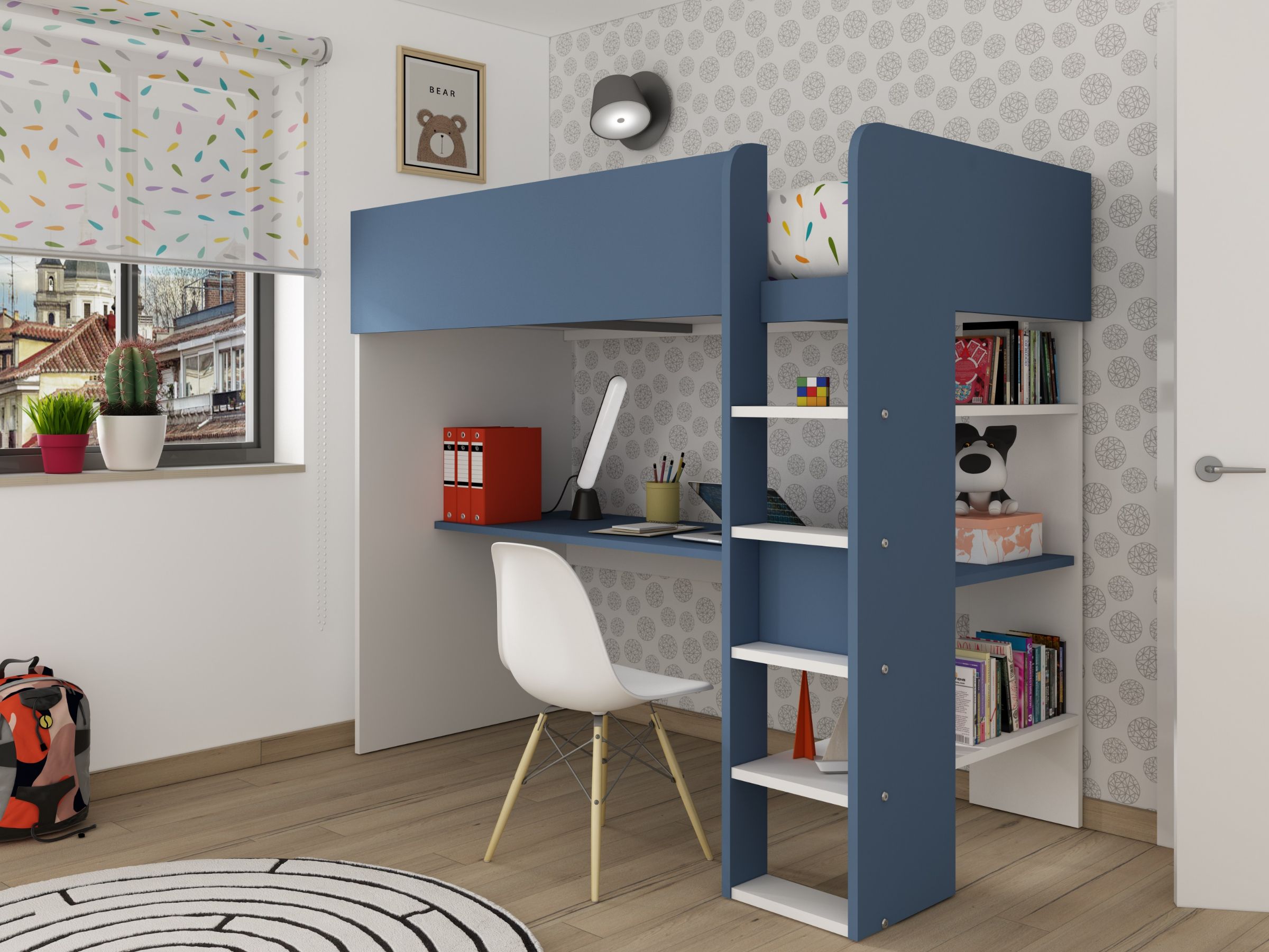 Trasman Loftseng med Skrivebord 90x200 - Blå