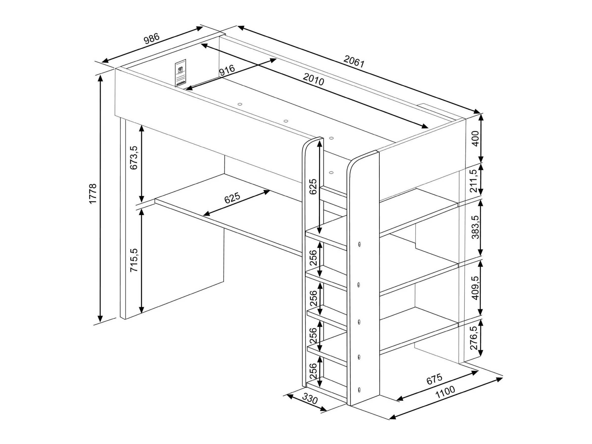 Trasman Loftseng med Skrivebord 90x200 - Blå