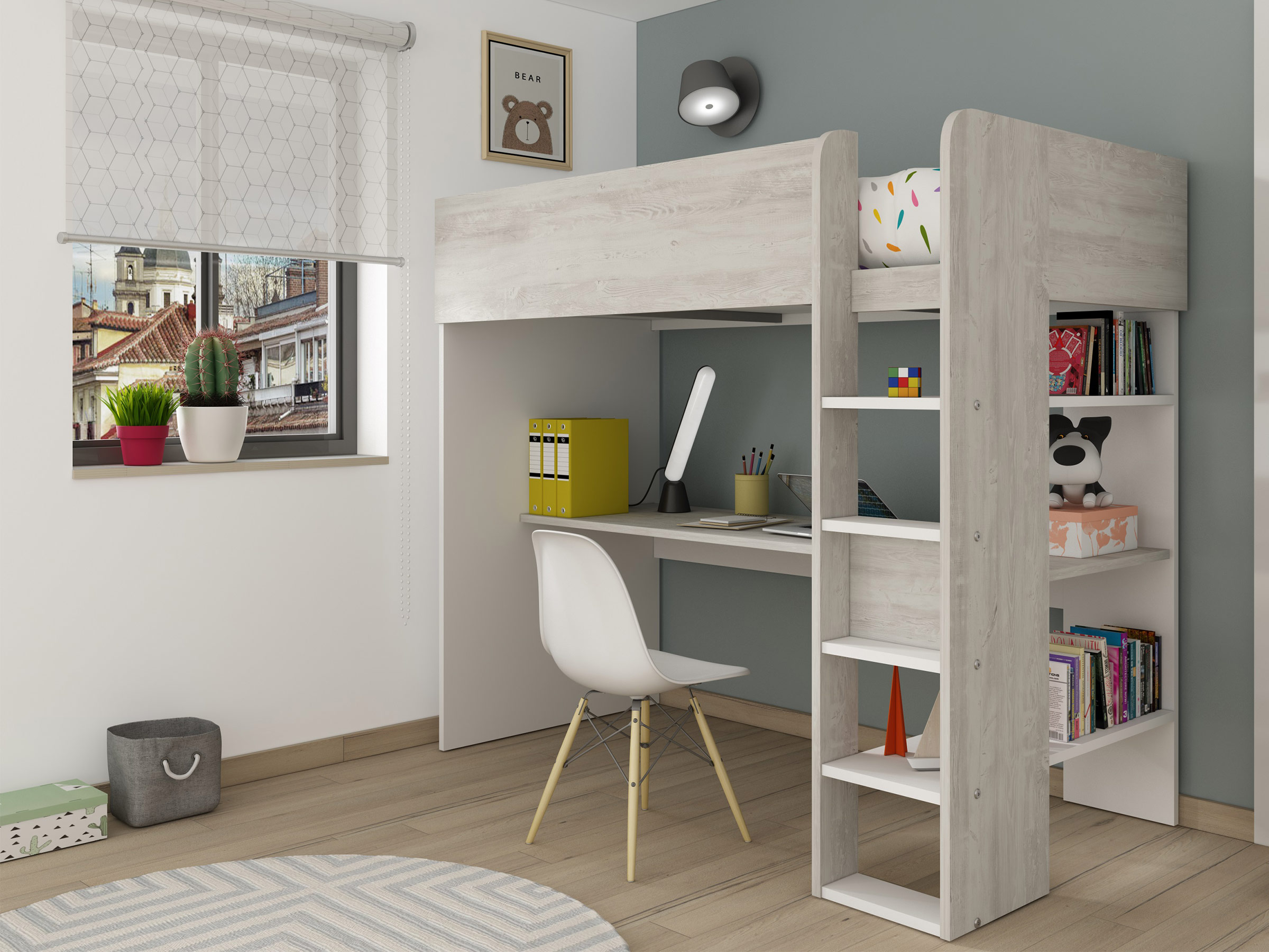 Loftseng med Skrivebord 90x200 - Natur
