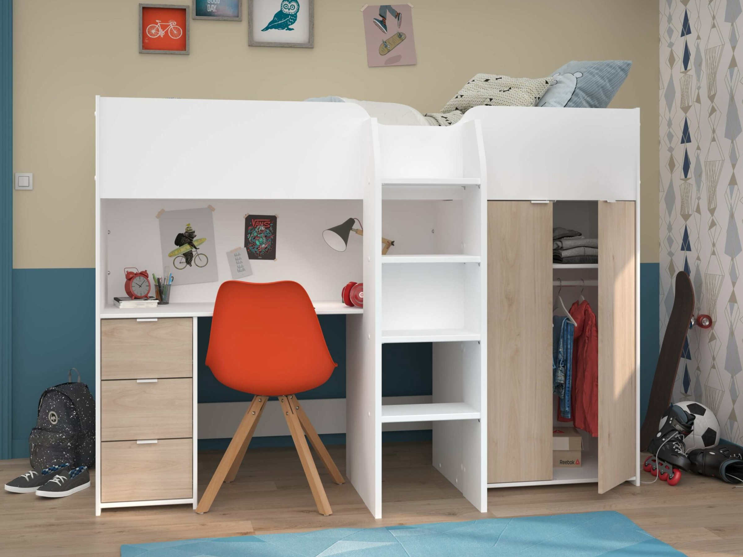 Junior Loftseng med Garderobe 90x200 - Hvit/Natur