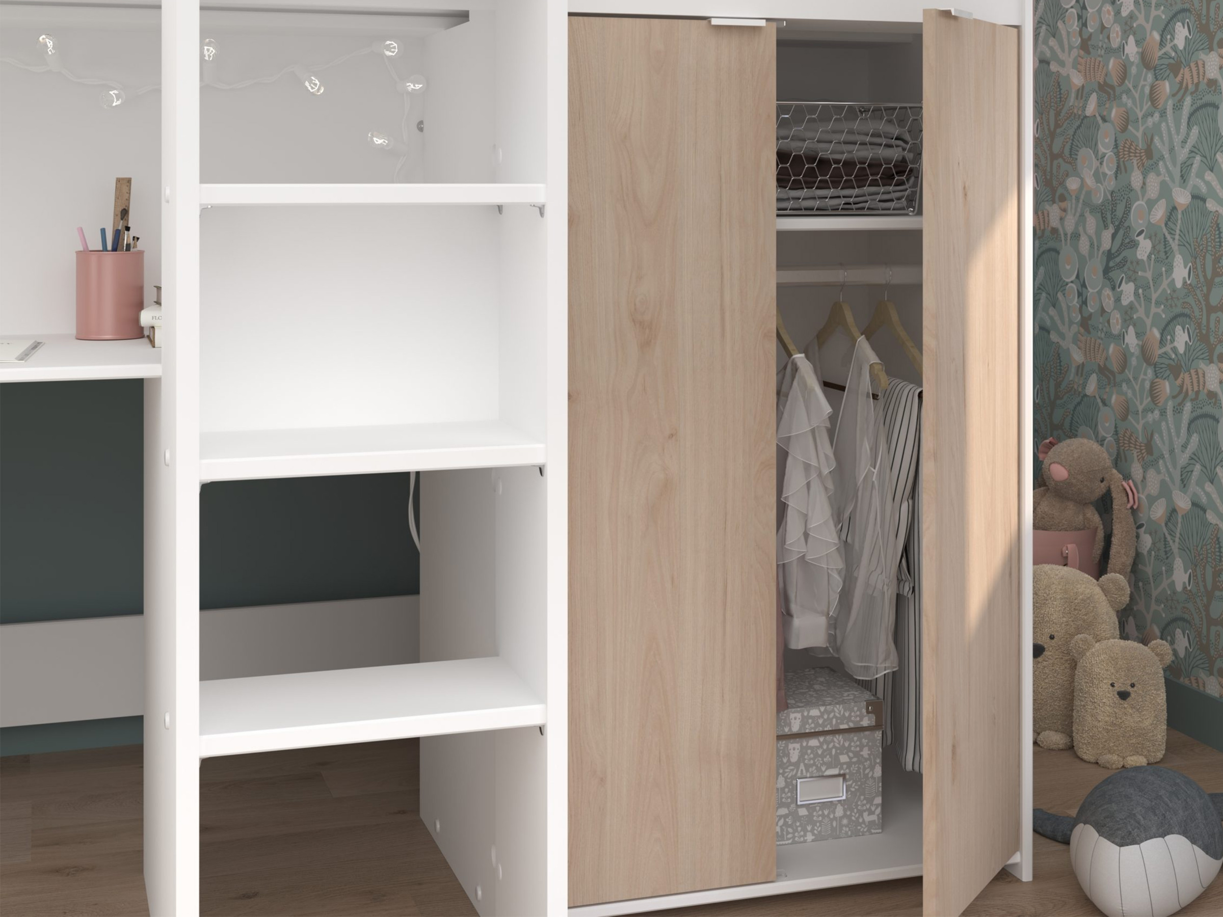 Junior Loftseng med Garderobe 90x200 - Hvit/Natur