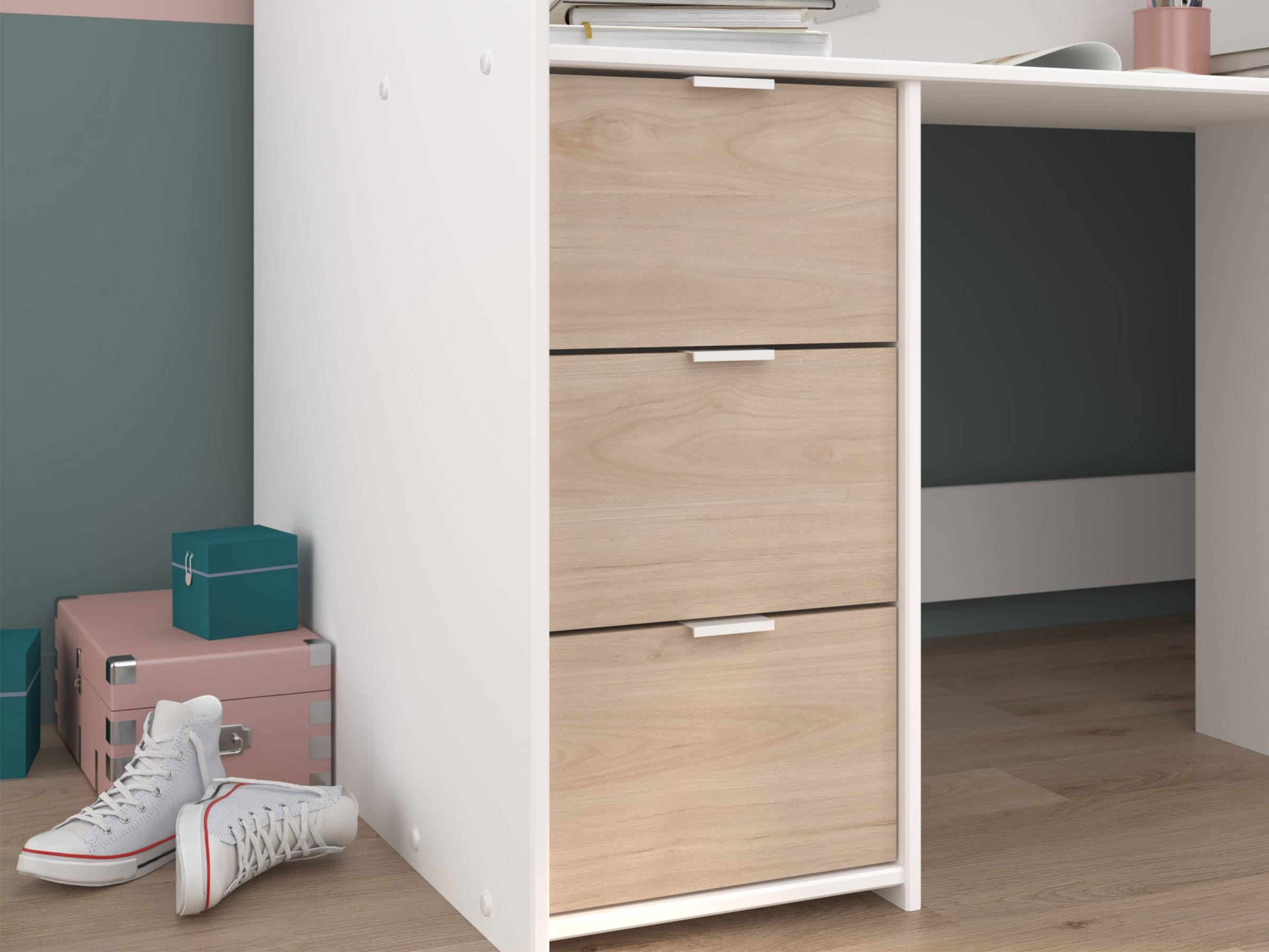Junior Loftseng med Garderobe 90x200 - Hvit/Natur