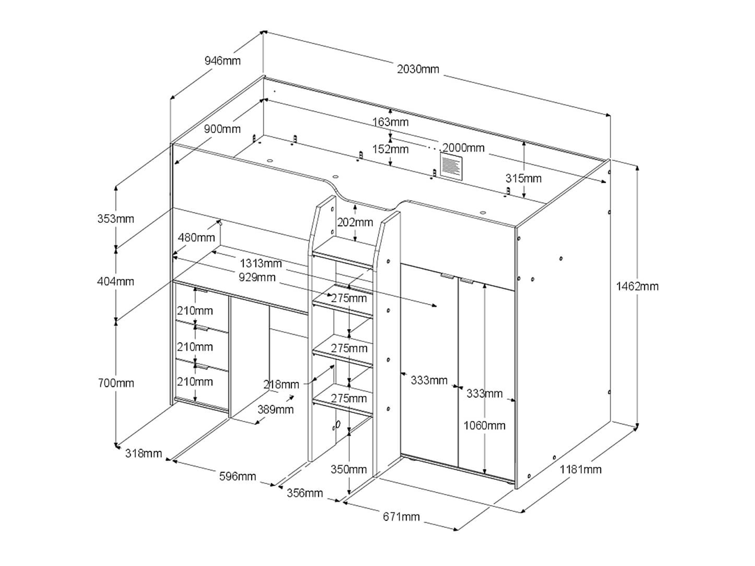 Junior Loftseng med Garderobe 90x200 - Hvit/Natur