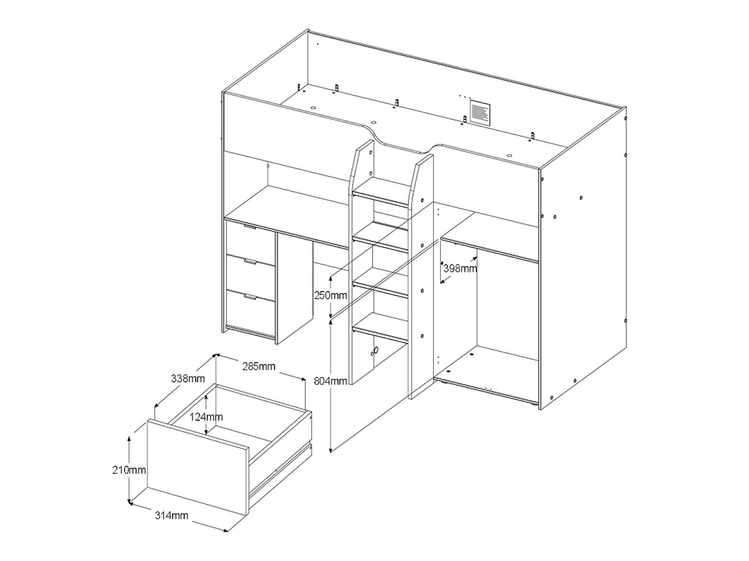 Junior Loftseng med Garderobe 90x200 - Hvit/Natur