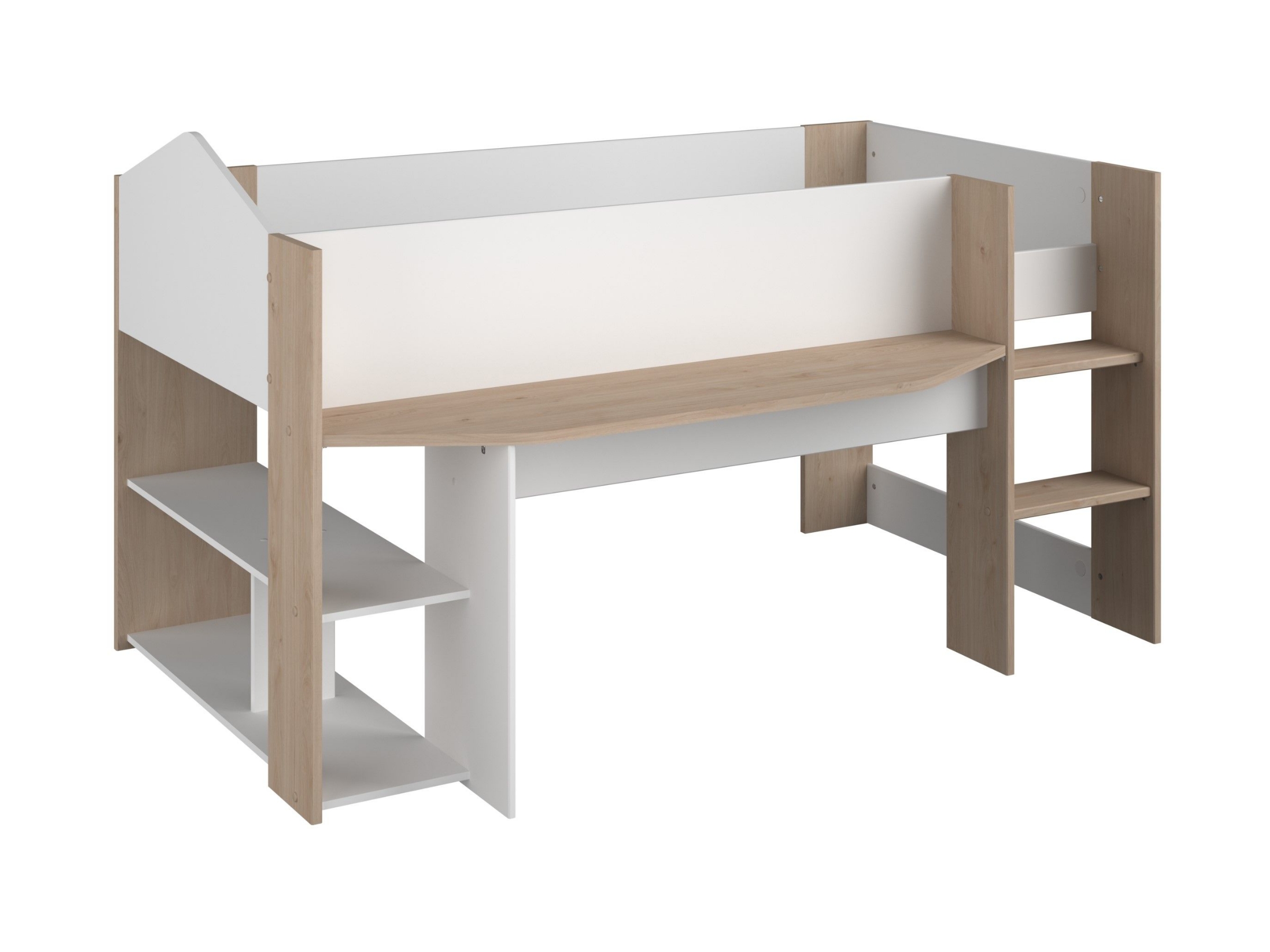 Khaki Halvhøy Seng med Skrivebord 90x200 - Hvit/Natur
